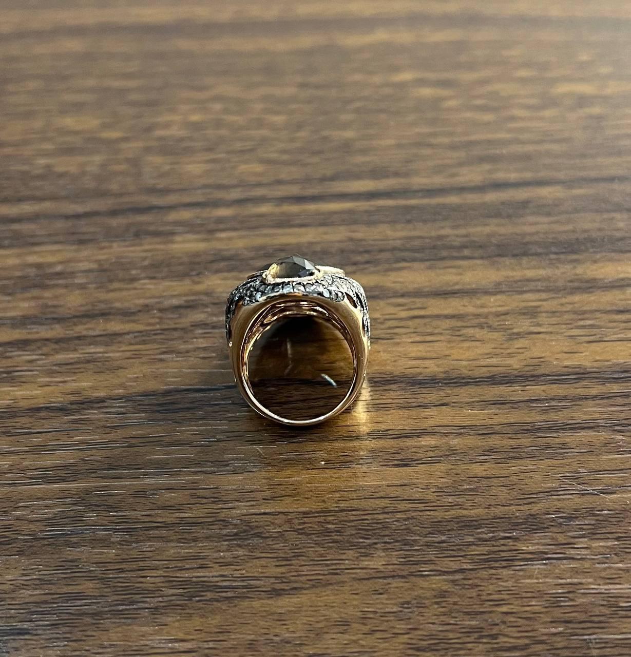 Unique Faceted Smoky Quartz Brown Diamonds Pave Set 14K Gold Statement Ring For Sale 5