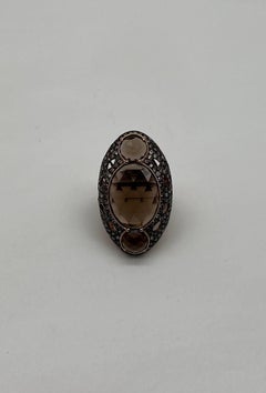Unique Faceted Smoky Quartz Brown Diamonds Pave Set 14K Gold Statement Ring