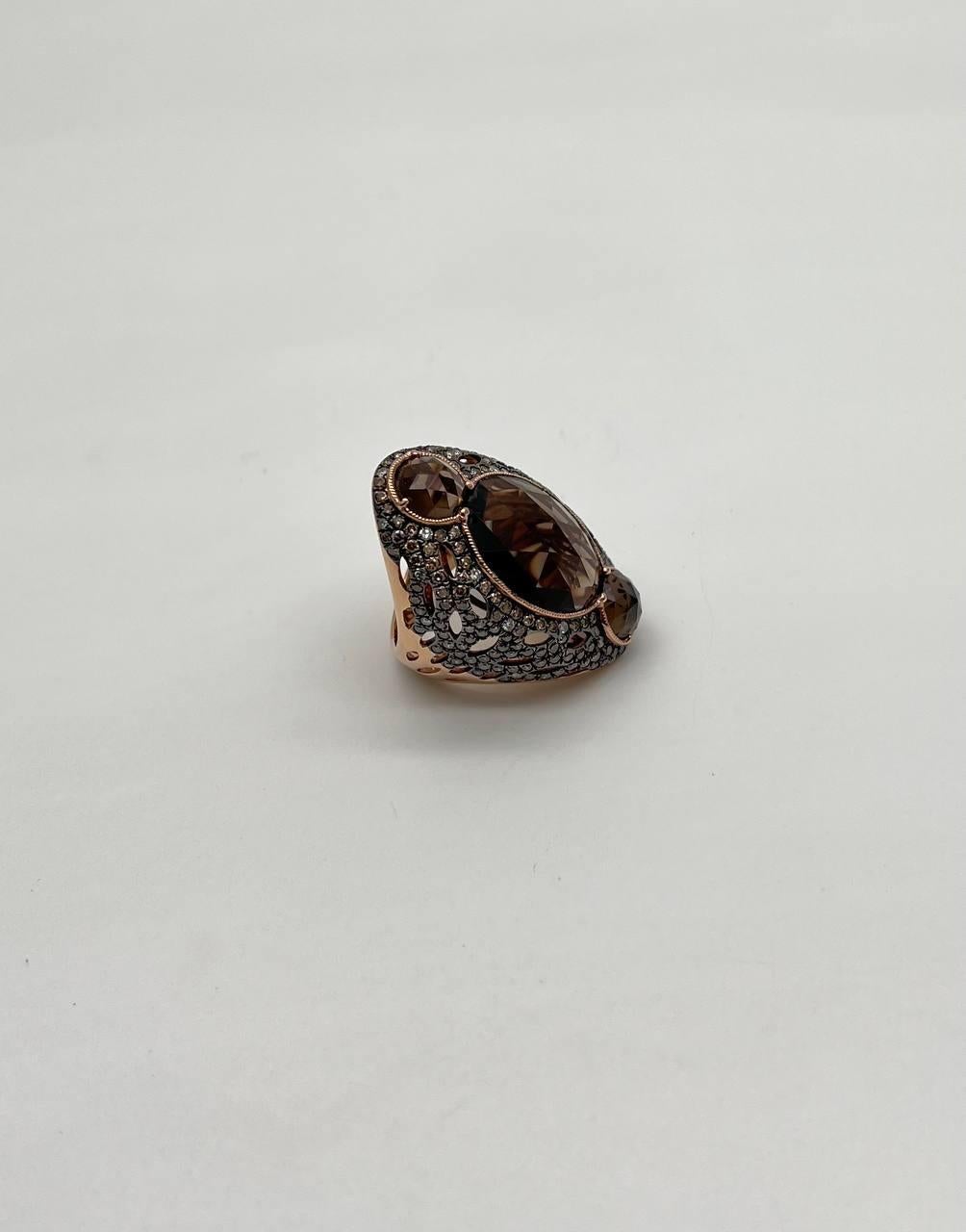 Mixed Cut Unique Faceted Smoky Quartz Brown Diamonds Pave Set 14K Gold Statement Ring For Sale