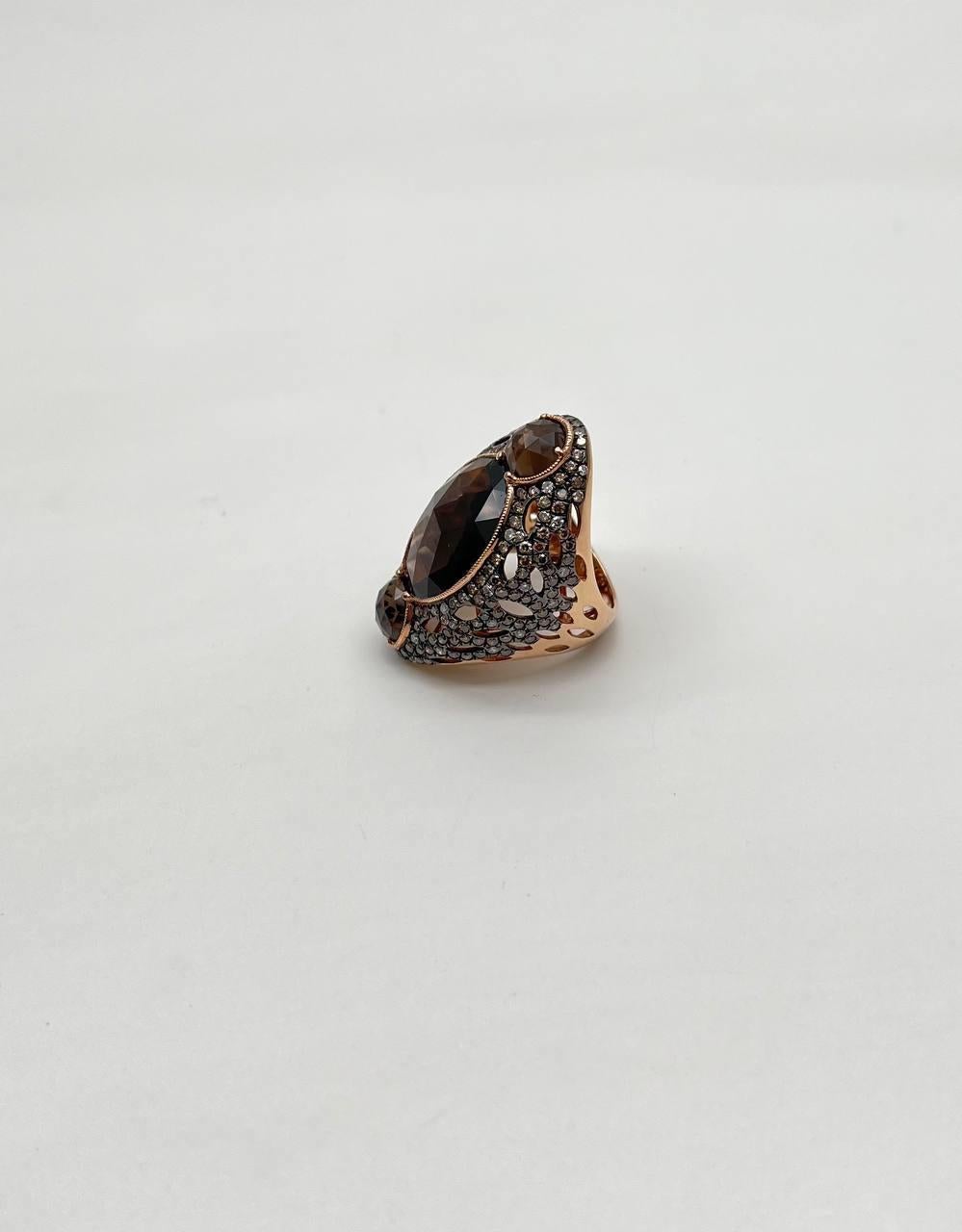 Women's Unique Faceted Smoky Quartz Brown Diamonds Pave Set 14K Gold Statement Ring For Sale