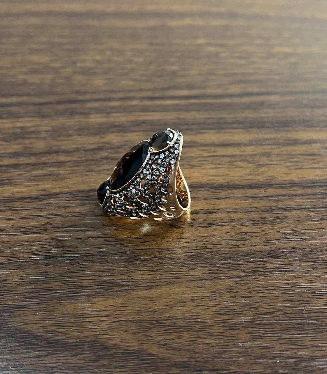 Unique Faceted Smoky Quartz Brown Diamonds Pave Set 14K Gold Statement Ring For Sale 1