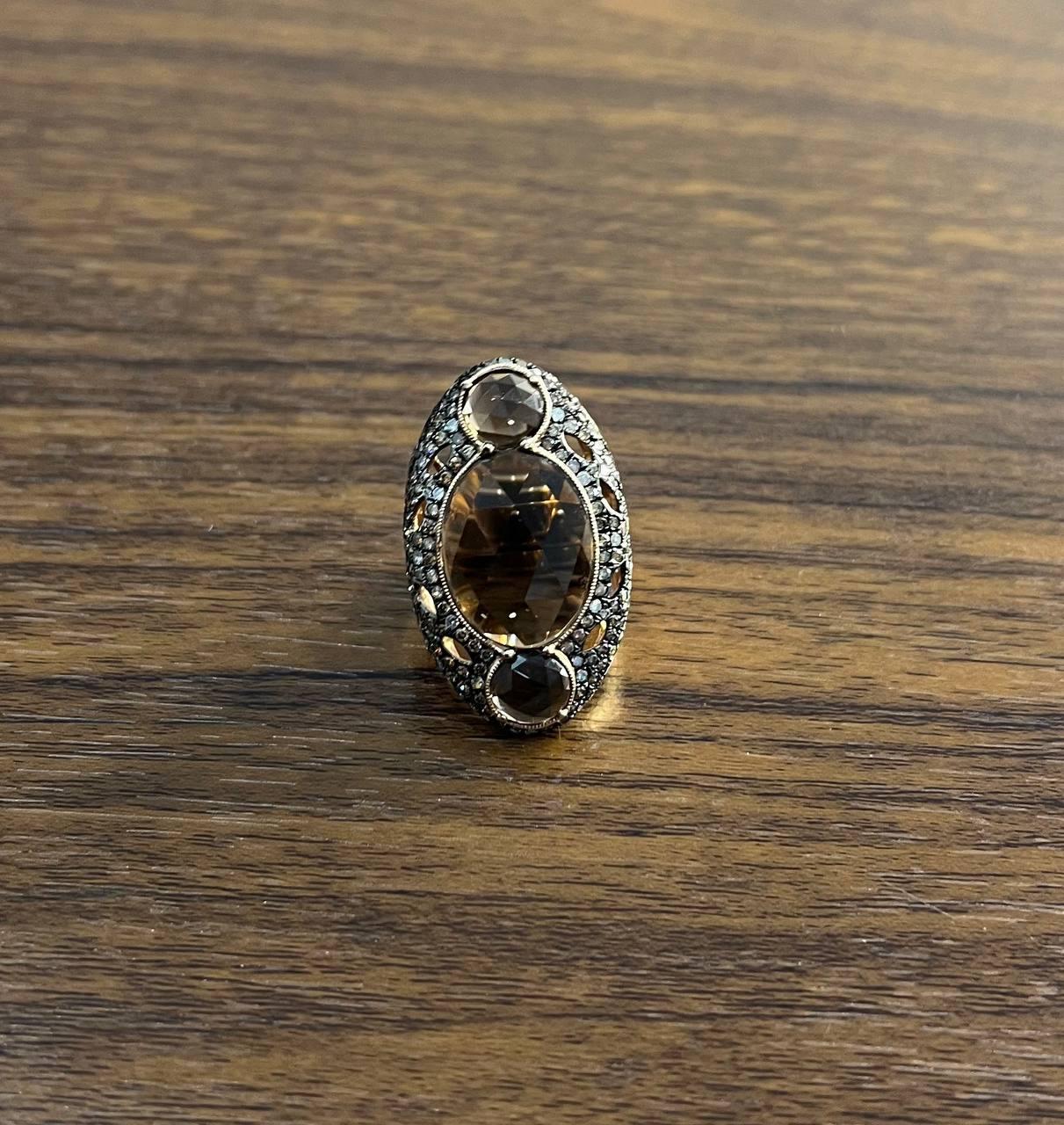 Unique Faceted Smoky Quartz Brown Diamonds Pave Set 14K Gold Statement Ring For Sale 2