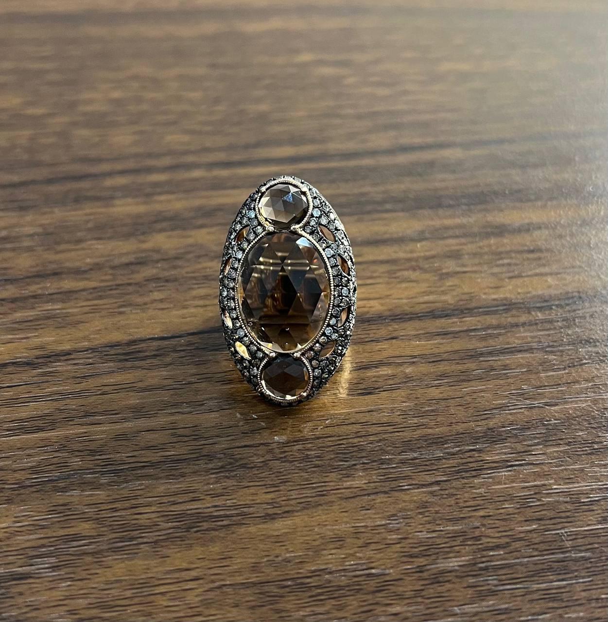 Unique Faceted Smoky Quartz Brown Diamonds Pave Set 14K Gold Statement Ring For Sale 3
