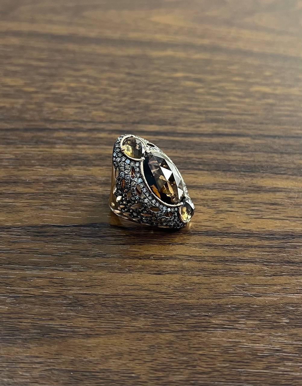 Unique Faceted Smoky Quartz Brown Diamonds Pave Set 14K Gold Statement Ring For Sale 4