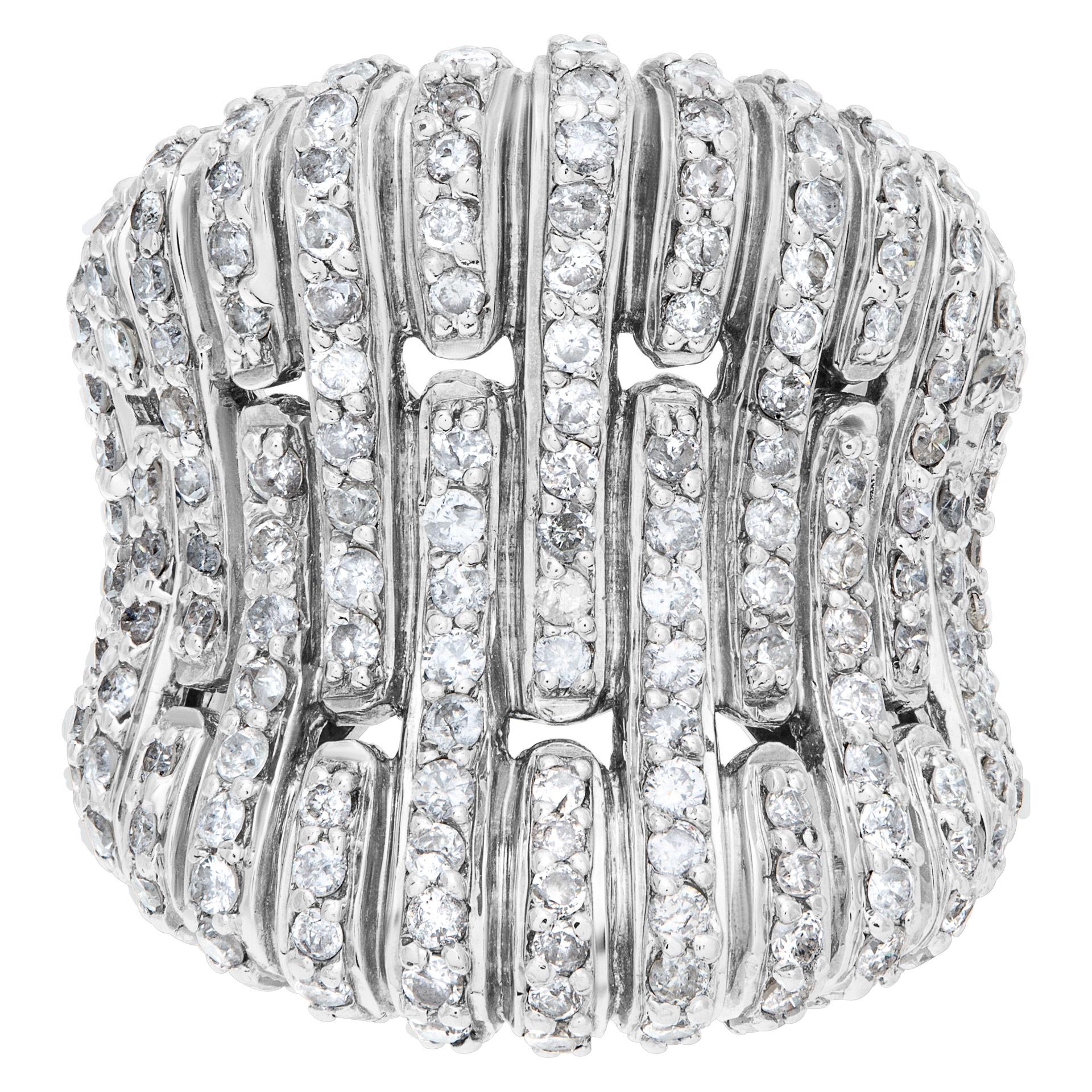 Ring with unique fan design in 18k white gold with over 1.0 carat in micro pave set diamonds. Ring is approximately 24mm wide at the front. Size 6.75  This Diamond ring is currently size 6.75 and some items can be sized up or down, please ask! It