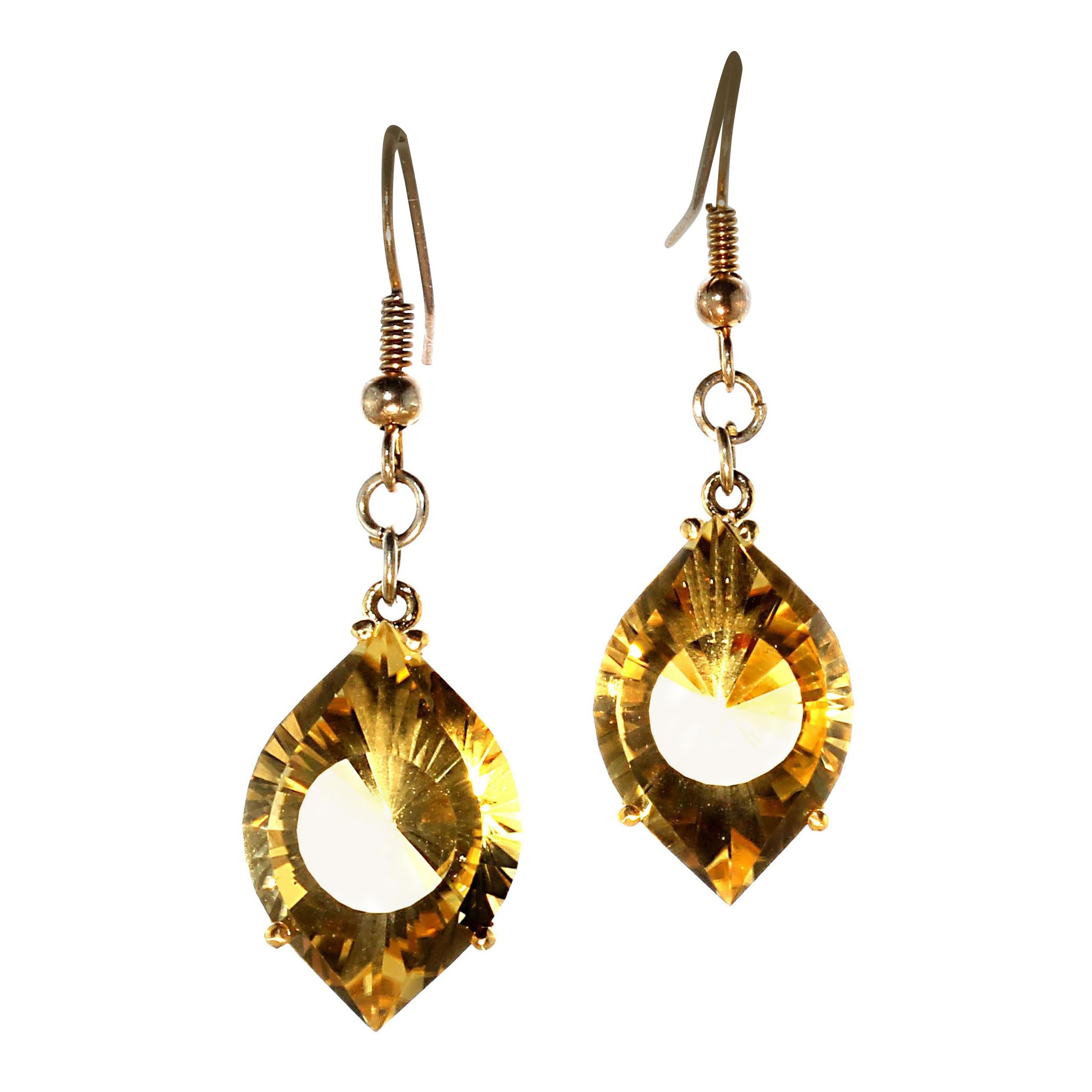 AJD Unique Fancy Cut Golden Citrine Earrings in 14 Karat Yellow Gold For Sale