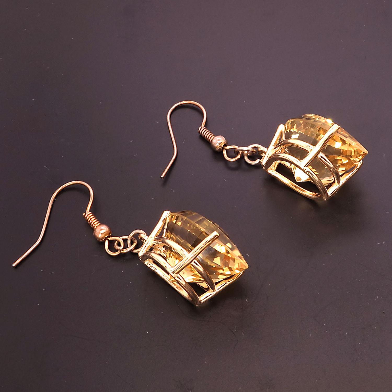 AJD Unique Fancy Cut Golden Citrine Earrings in 14 Karat Yellow Gold For Sale 1