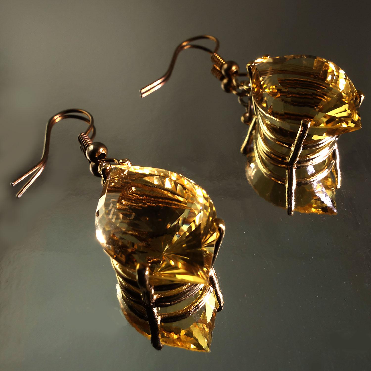AJD Unique Fancy Cut Golden Citrine Earrings in 14 Karat Yellow Gold For Sale 3