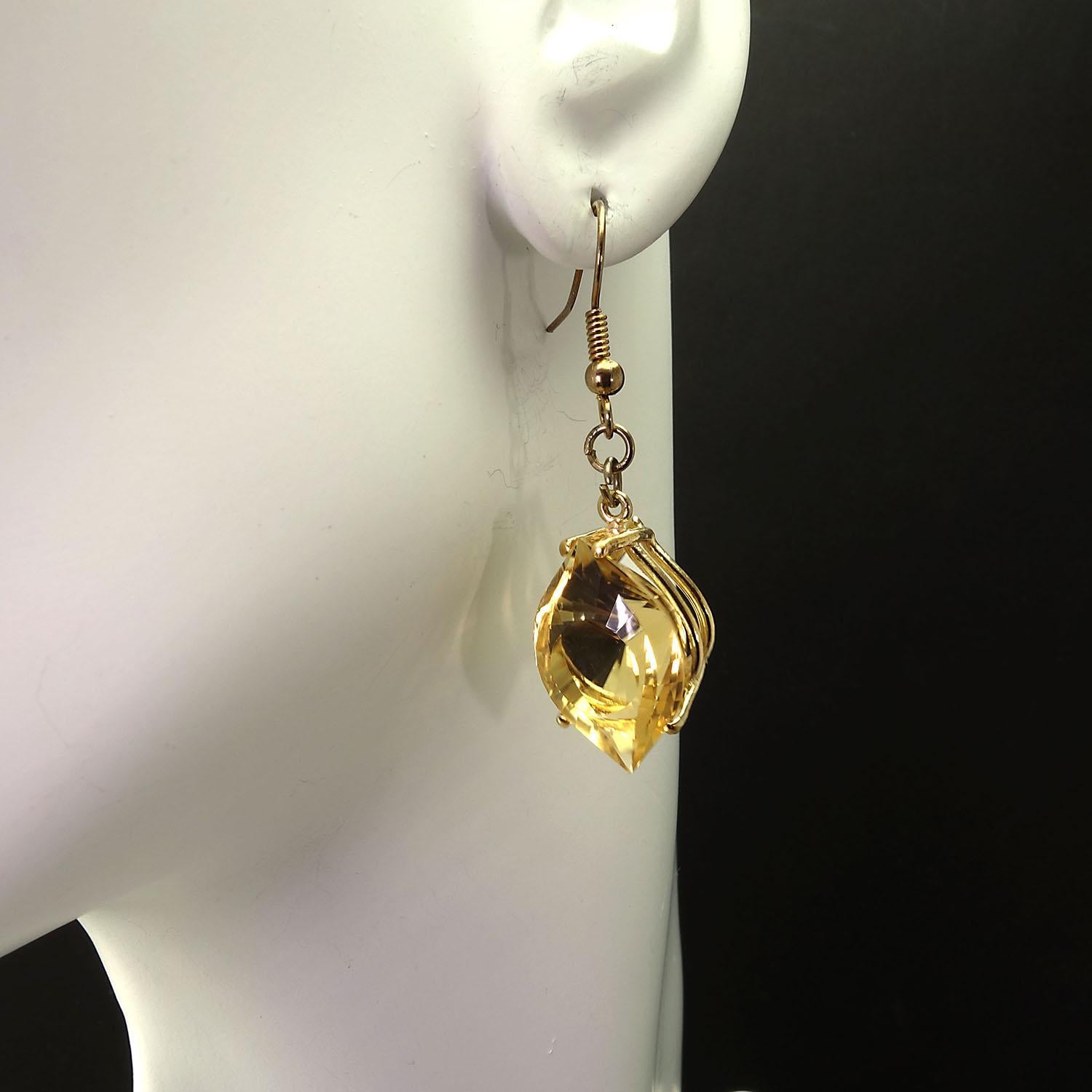 AJD Unique Fancy Cut Golden Citrine Earrings in 14 Karat Yellow Gold In New Condition For Sale In Raleigh, NC