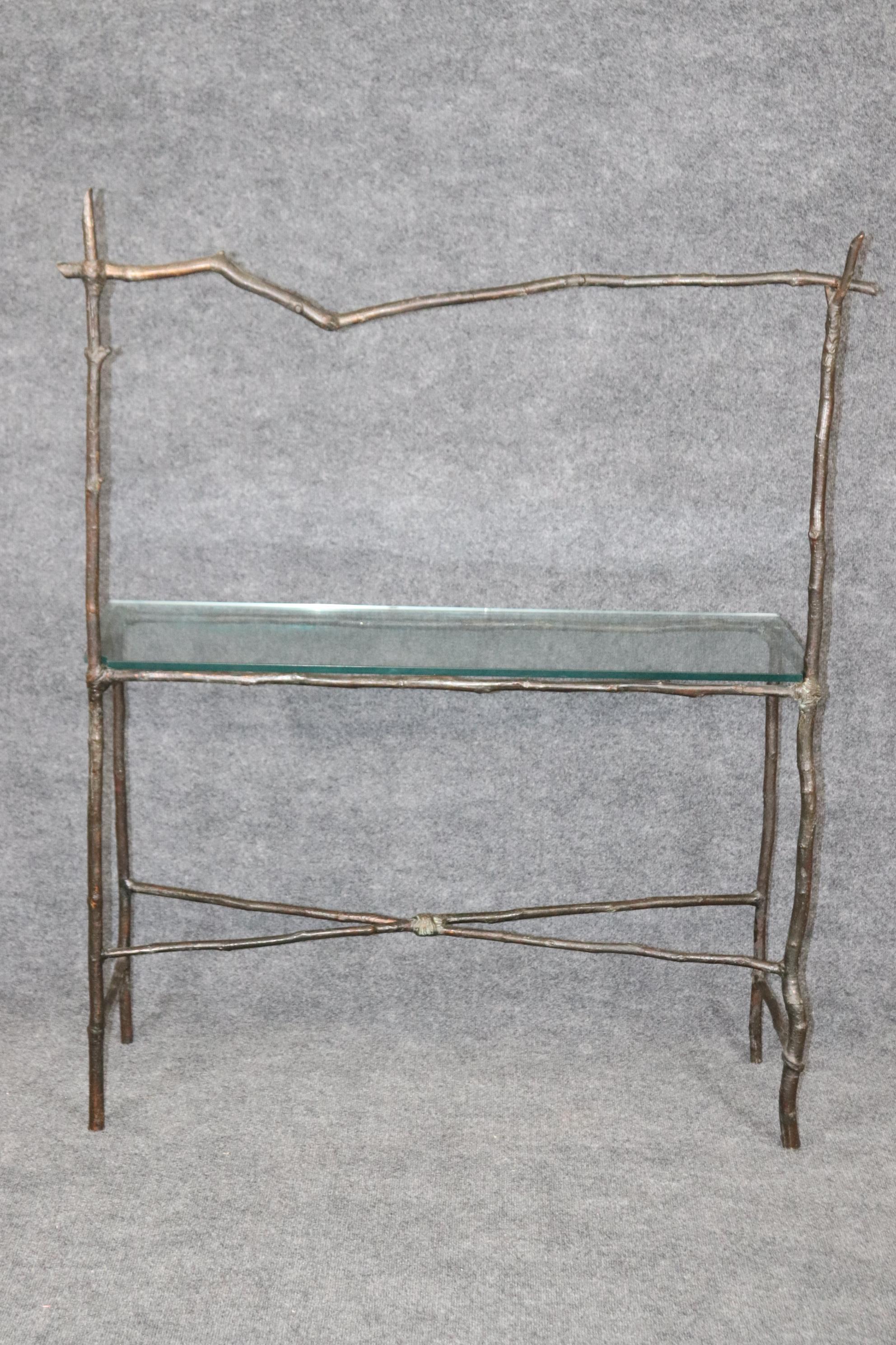 French Unique Faux Bois Bronze and Glass Giacometti Style Console Table  For Sale
