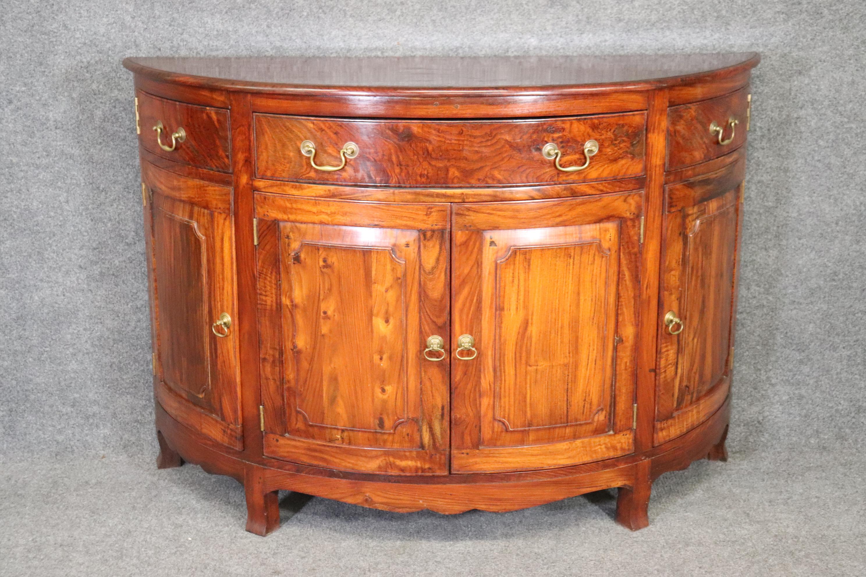 Unknown Unique Figured Teak Hand-Made Sheraton Style Demilune Buffet Commode For Sale
