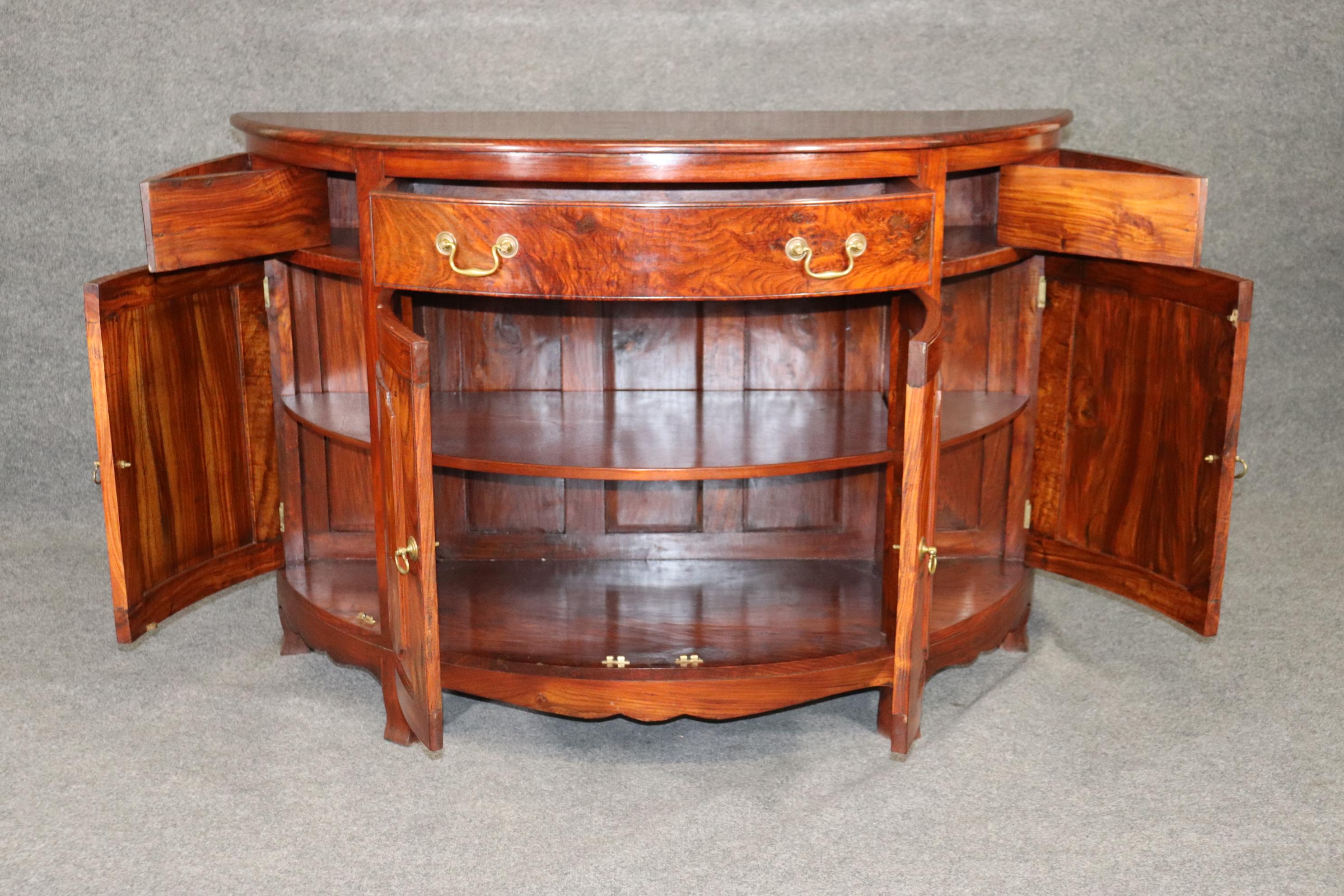 Unique Figured Teak Hand-Made Sheraton Style Demilune Buffet Commode For Sale 2
