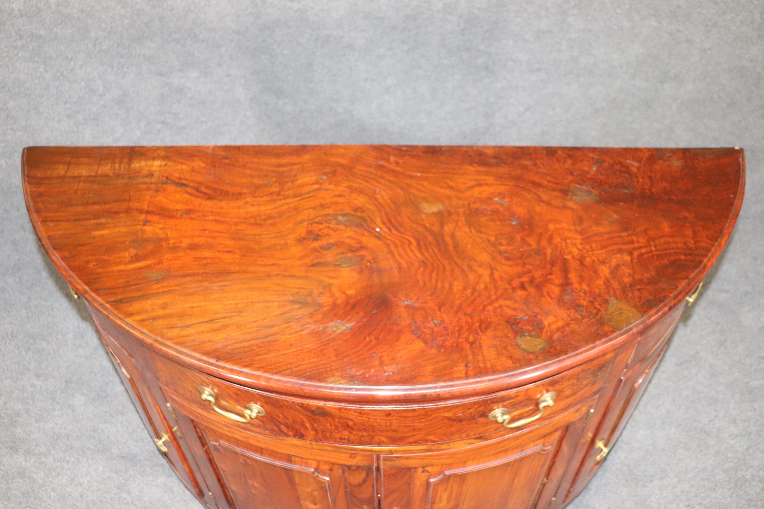 Unique Figured Teak Hand-Made Sheraton Style Demilune Buffet Commode For Sale 3