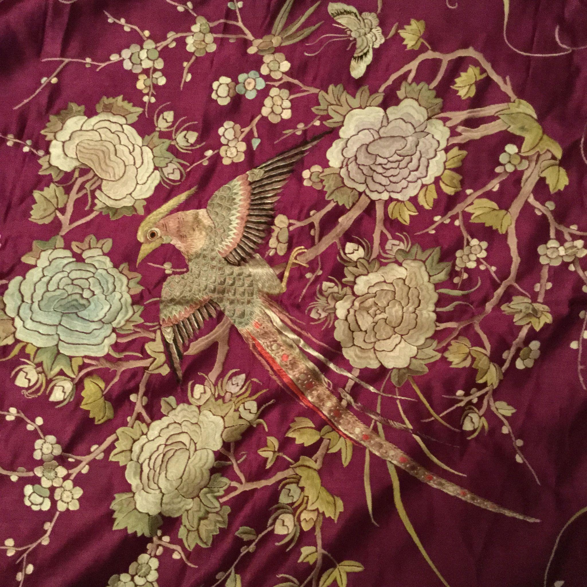 Extremely Fine Purple-red  Antique Chinese bed cover or wall hanging,  elaborately embroided in coloured silk  with a central medallion with a Bird (Phoenix) surrounded by branches, flowers and foliage. Smaller four birds are embroided in the