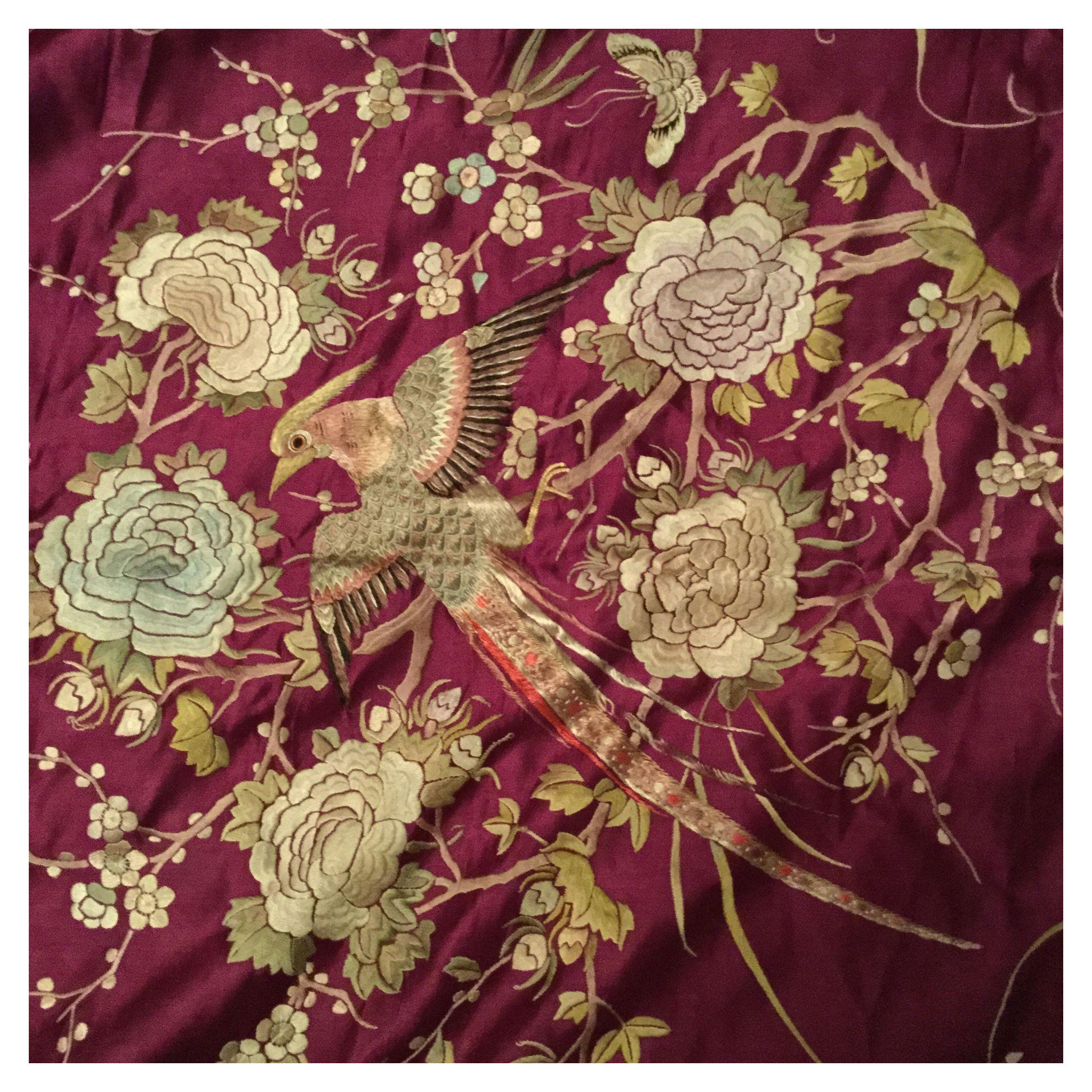 Unique find - Antique Chinese Silk Embroidered Bed-Cover or Wall hanging For Sale
