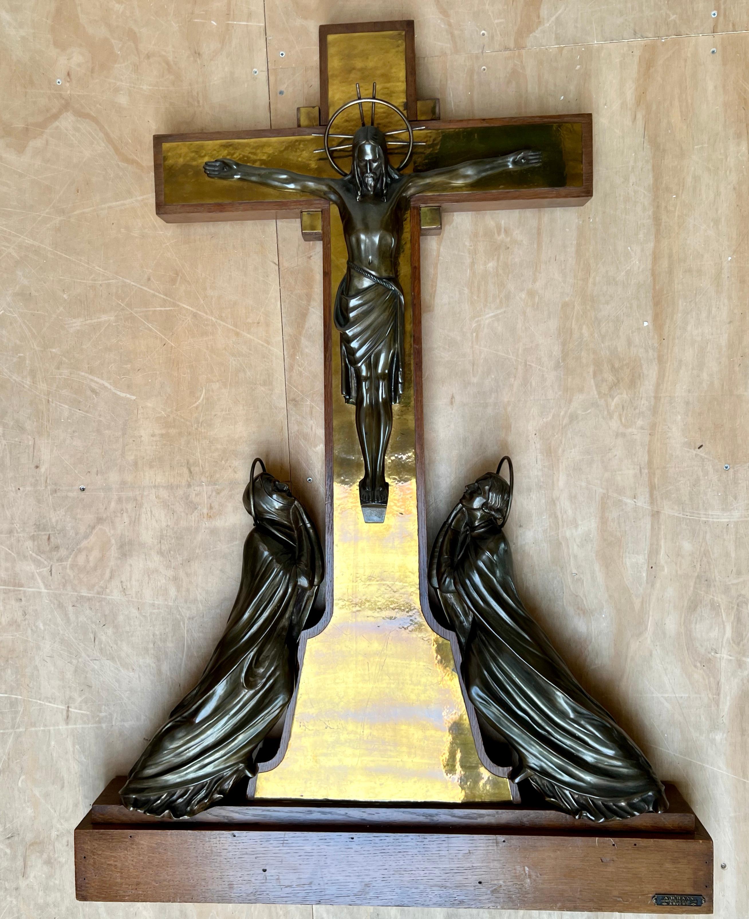 Unique Fine Table Altar Crucifix with Bronze Sculptures of Christ, Mary and John For Sale 9