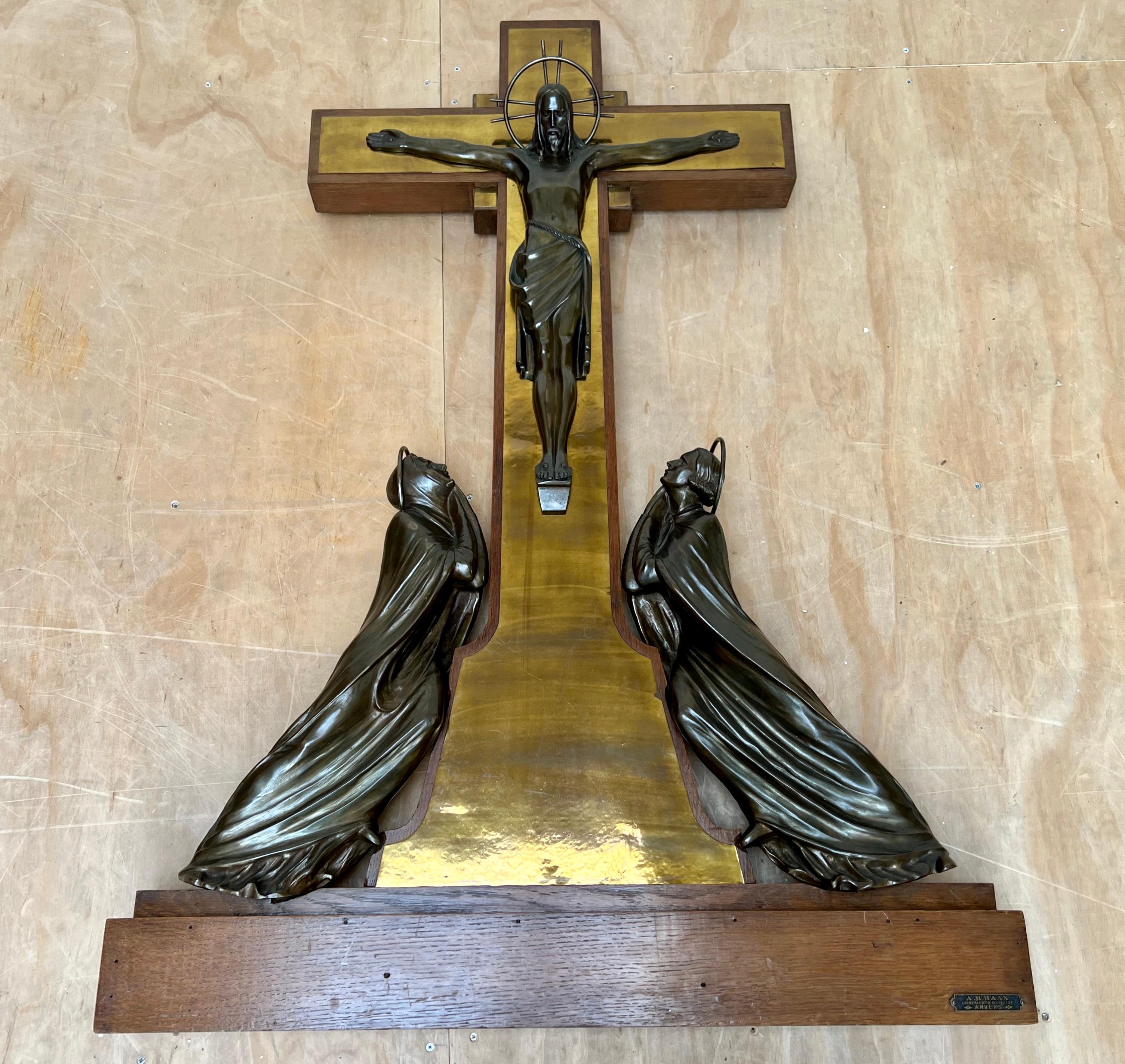 Brass Unique Fine Table Altar Crucifix with Bronze Sculptures of Christ, Mary and John For Sale