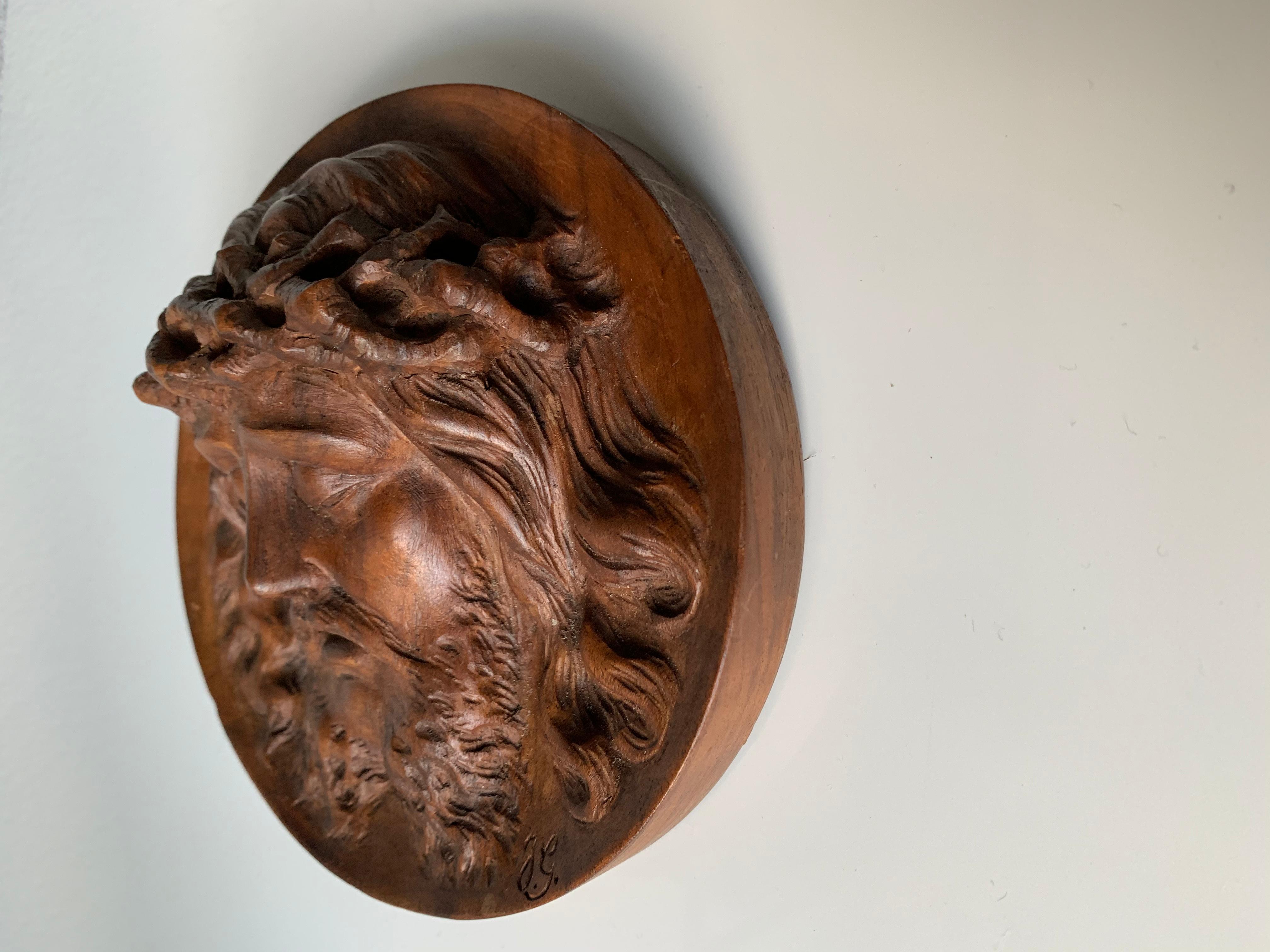 Unique and Finely Hand Carved, 19th Century Christ Mask Medallion / Round Plaque 4