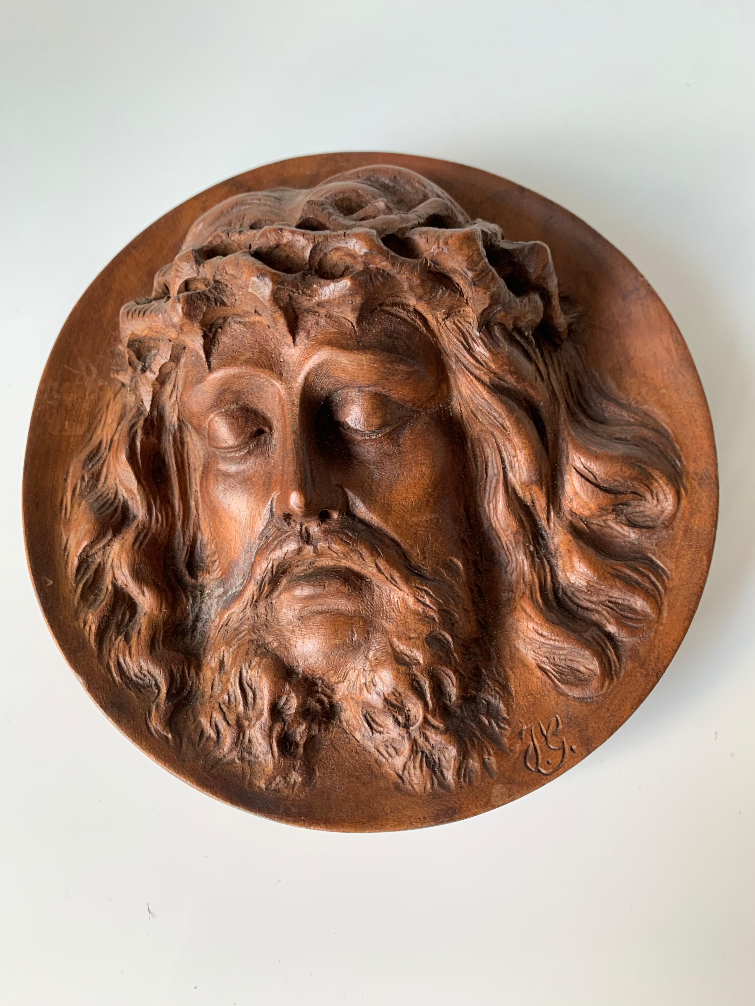 Gothic Unique and Finely Hand Carved, 19th Century Christ Mask Medallion / Round Plaque