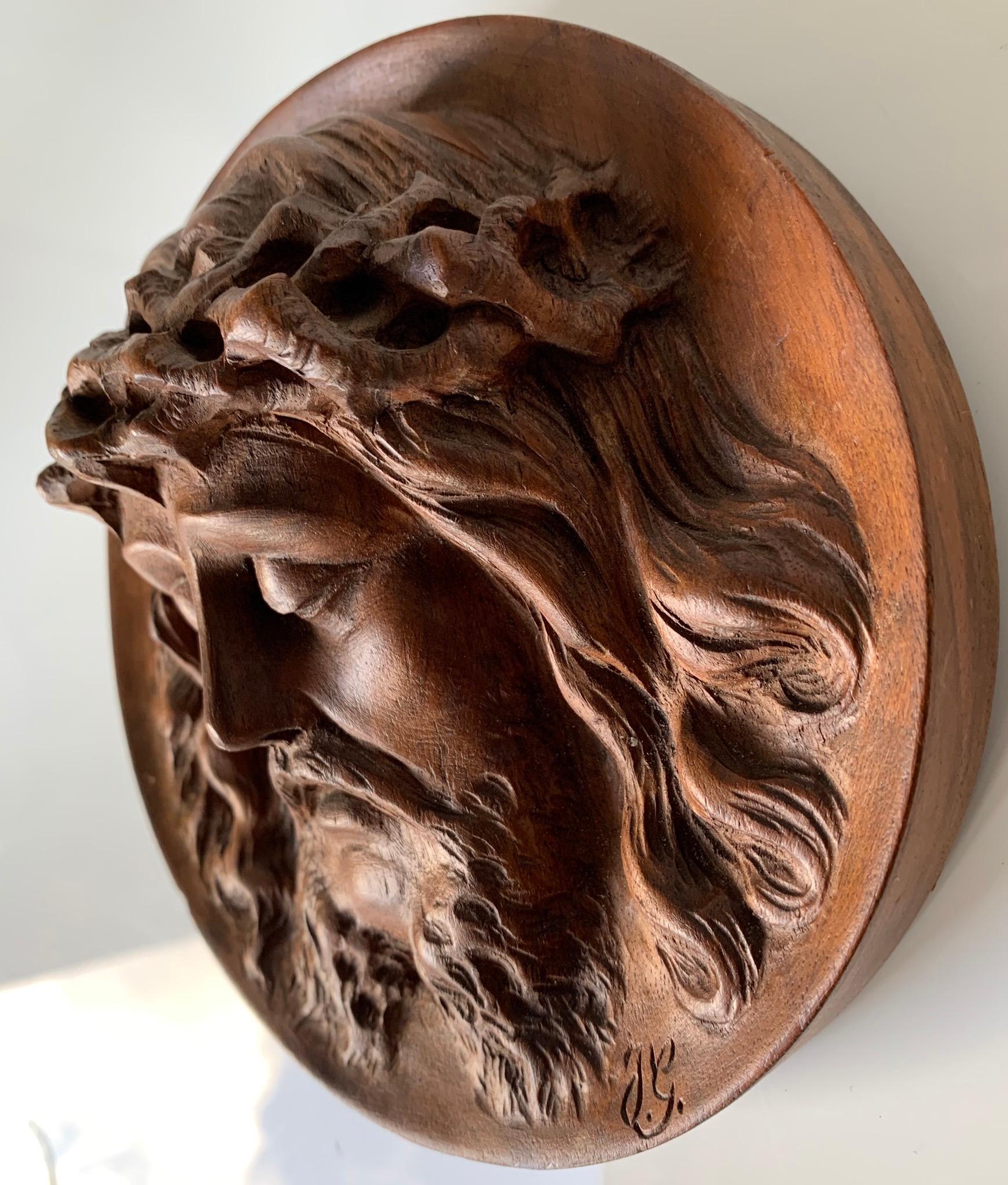 Hand-Carved Unique and Finely Hand Carved, 19th Century Christ Mask Medallion / Round Plaque