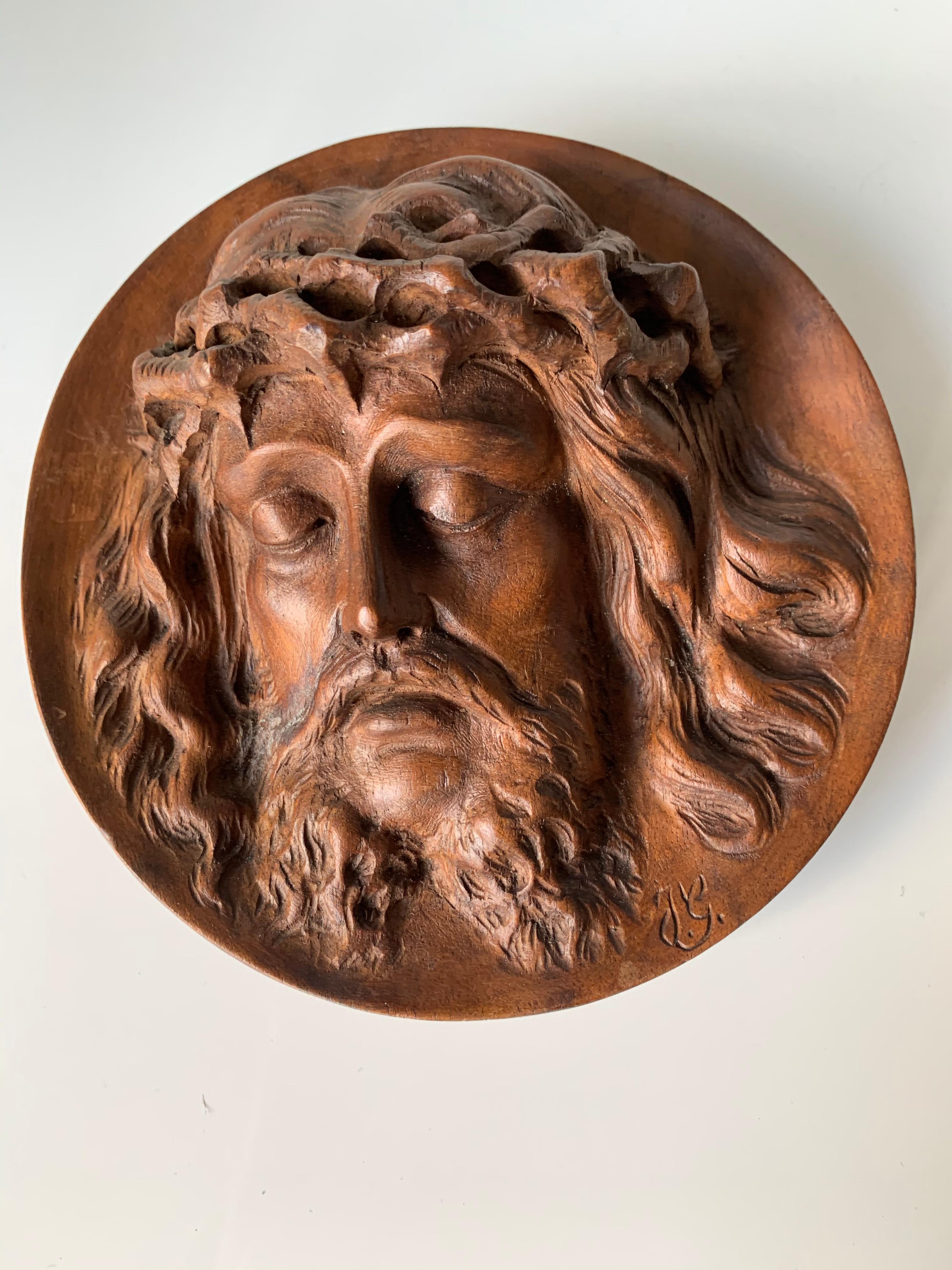 Nutwood Unique and Finely Hand Carved, 19th Century Christ Mask Medallion / Round Plaque