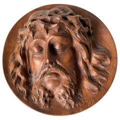Unique and Finely Hand Carved, 19th Century Christ Mask Medallion / Round Plaque