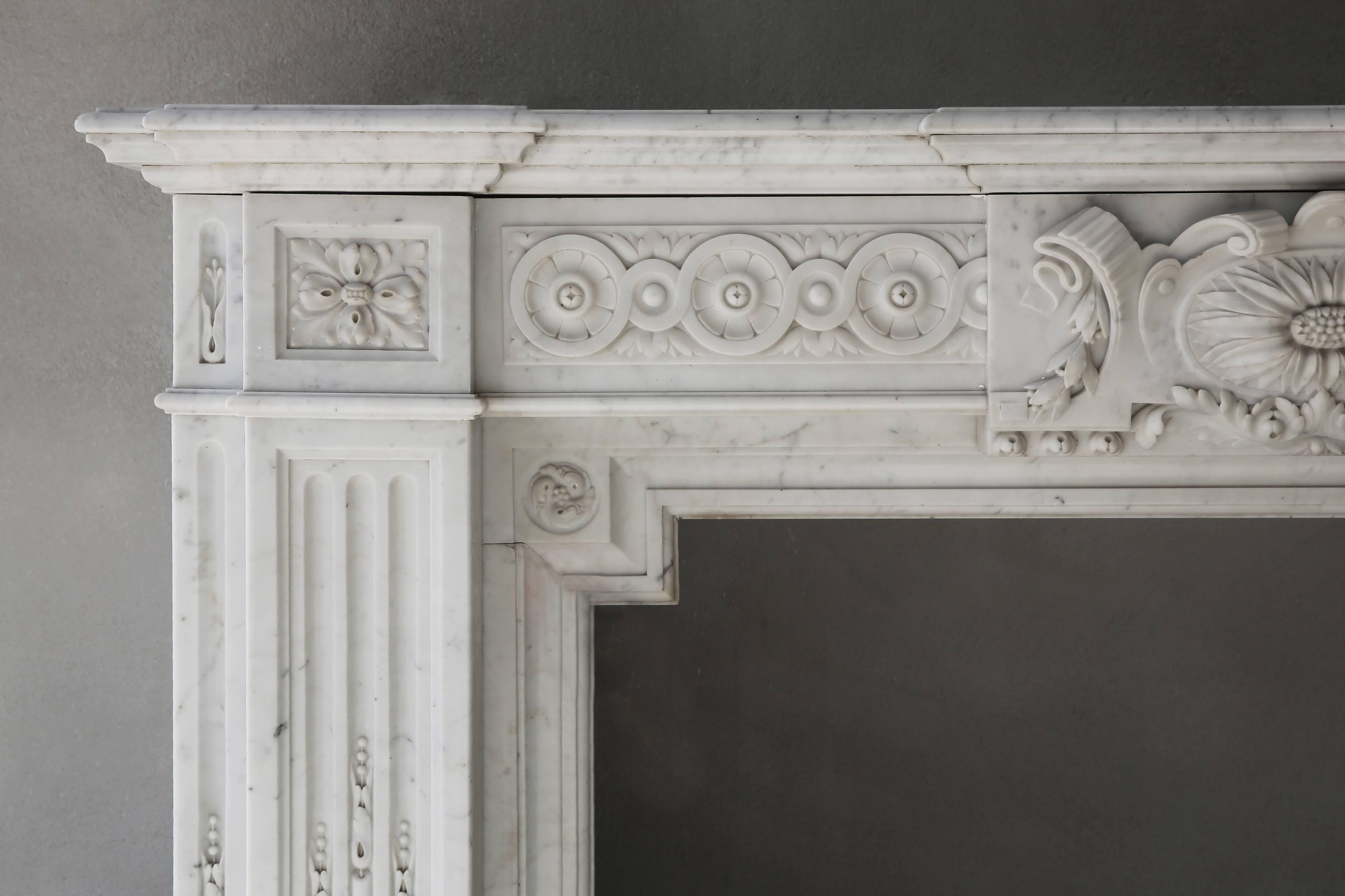 French Unique Fireplace of Carrara Marble in Neoclassical Style from the 19th Century
