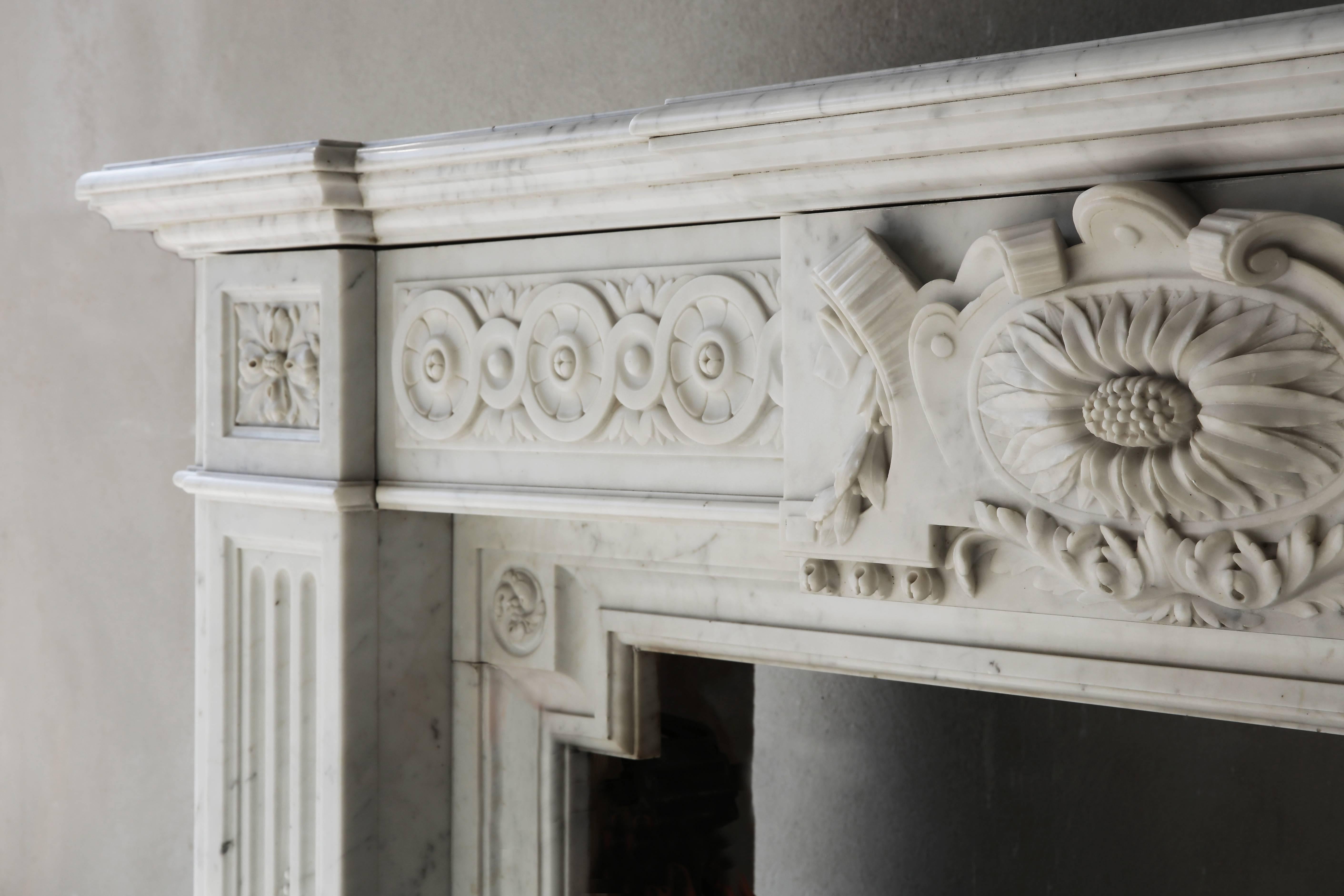 Unique Fireplace of Carrara Marble in Neoclassical Style from the 19th Century 1