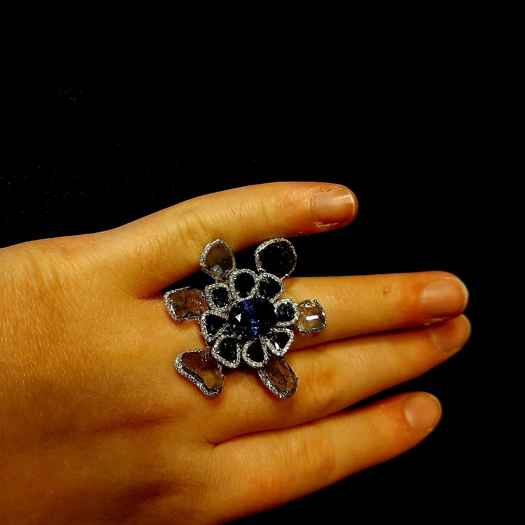 18kt White Gold Unique Flower Ring with Tanzanite, Black Grey and White Diamonds For Sale 5