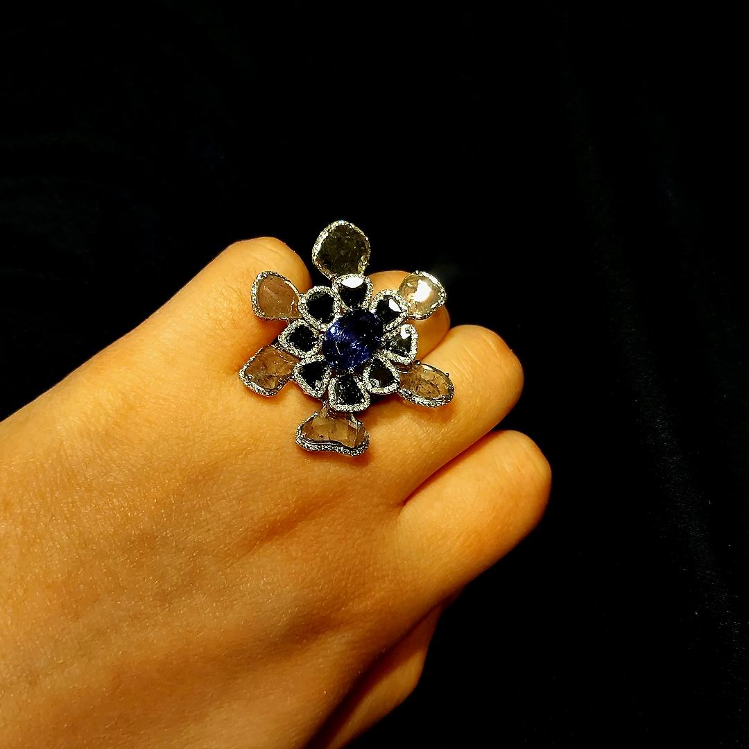 18kt White Gold Unique Flower Ring with Tanzanite, Black Grey and White Diamonds For Sale 7