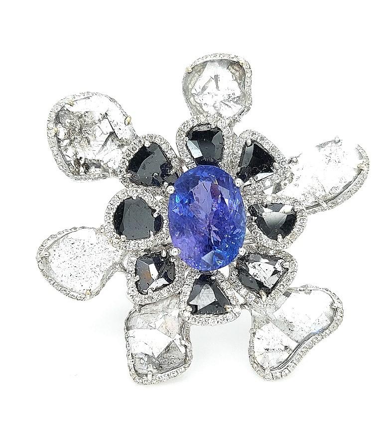 Women's or Men's 18kt White Gold Unique Flower Ring with Tanzanite, Black Grey and White Diamonds For Sale