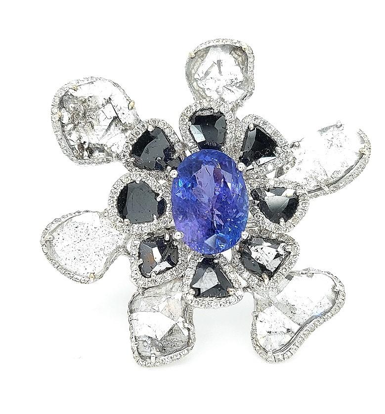 18kt White Gold Unique Flower Ring with Tanzanite, Black Grey and White Diamonds For Sale 1