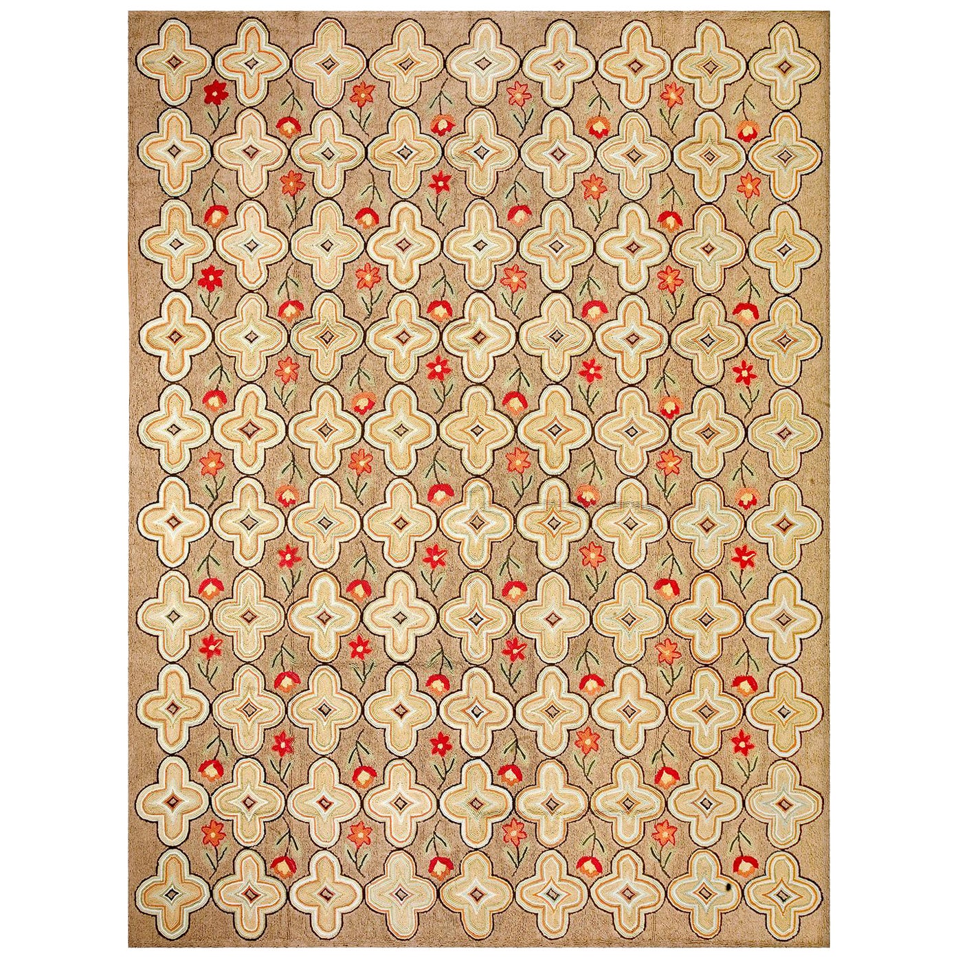 Unique Flowers Pattern in a Beige Color Contemporary Handmade Cotton Hooked Rug
