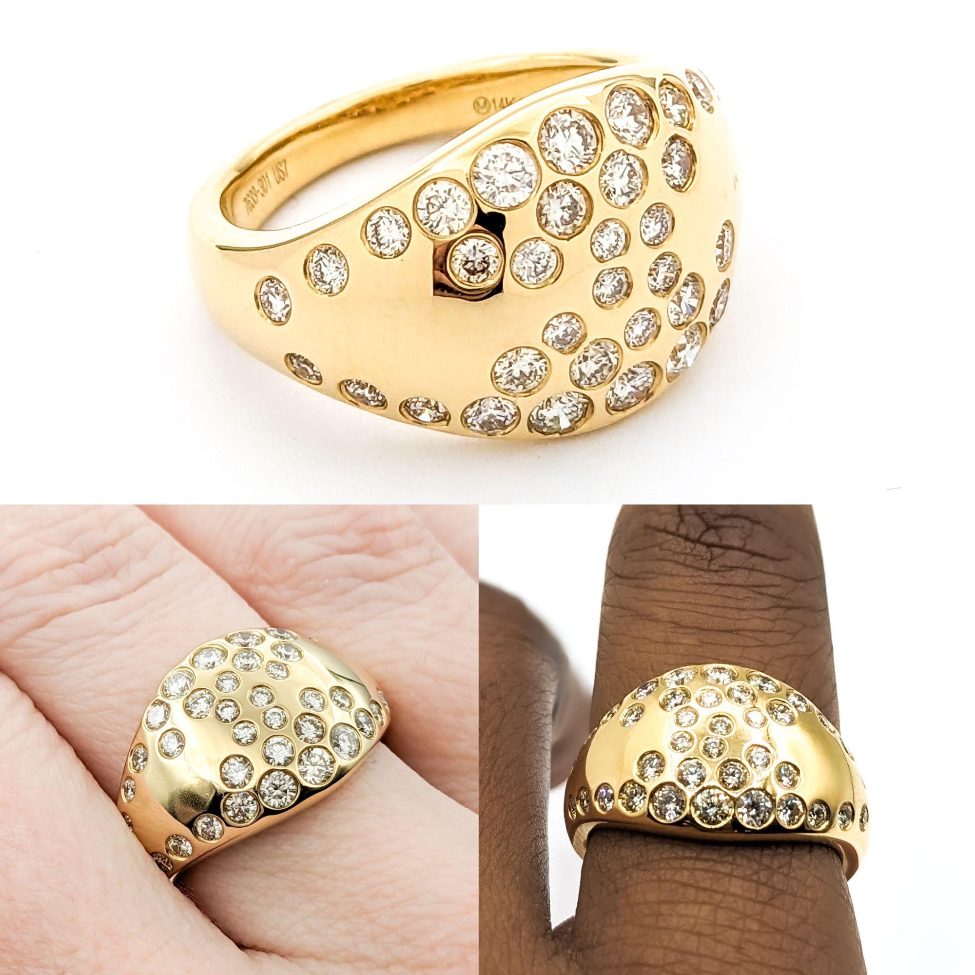 Unique Flush-Set Diamond Cocktail Ring

This stylish ring is crafted in 14kt yellow gold and features 1.08ctw round brilliant-cut diamonds, SI2-I1 clarity and I color. This ring is size 7 but can be adjusted upon request (for a fee); total weight is