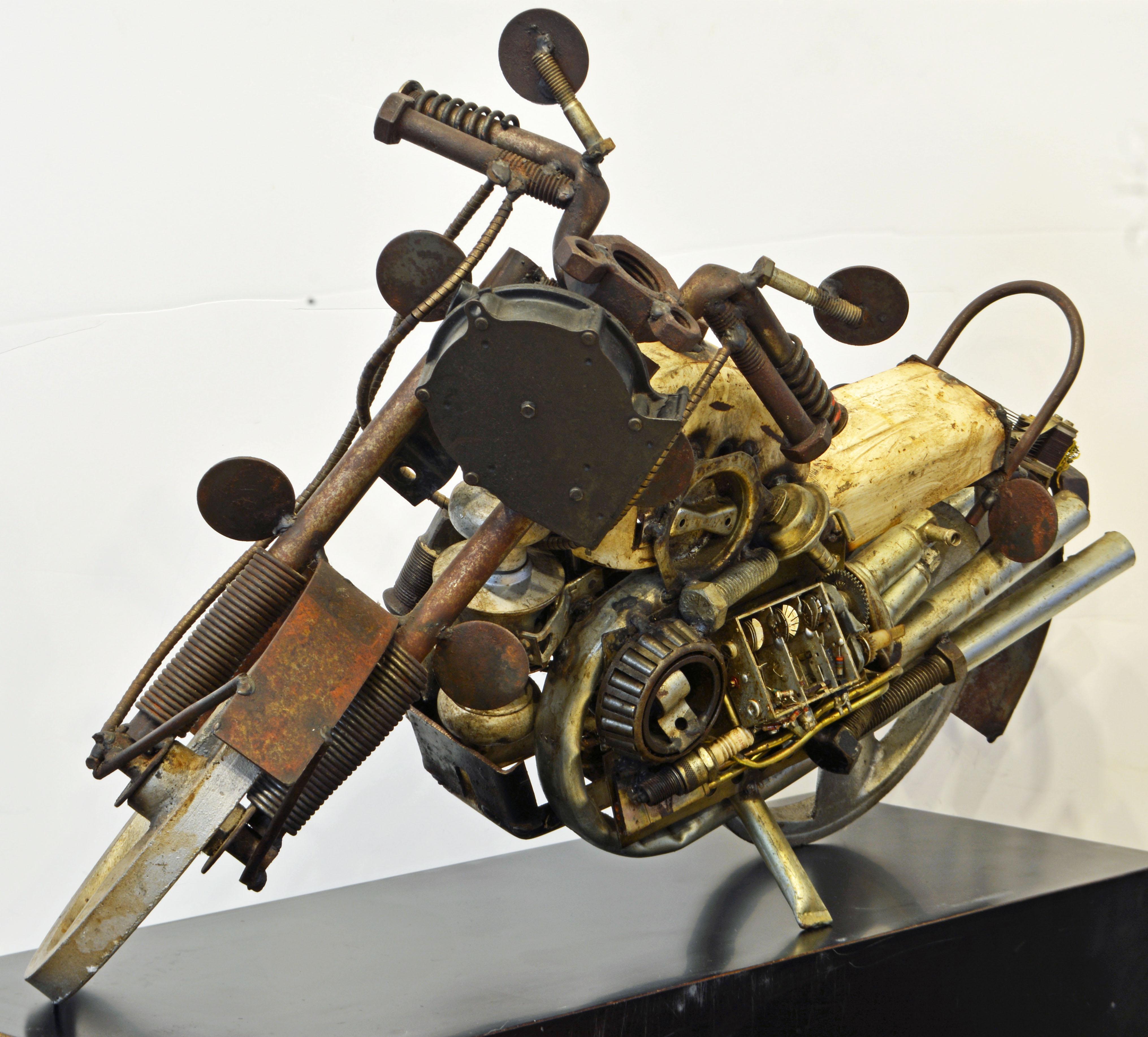 North American Unique Folk Art Scrap Metal Motorcycle Sculpture