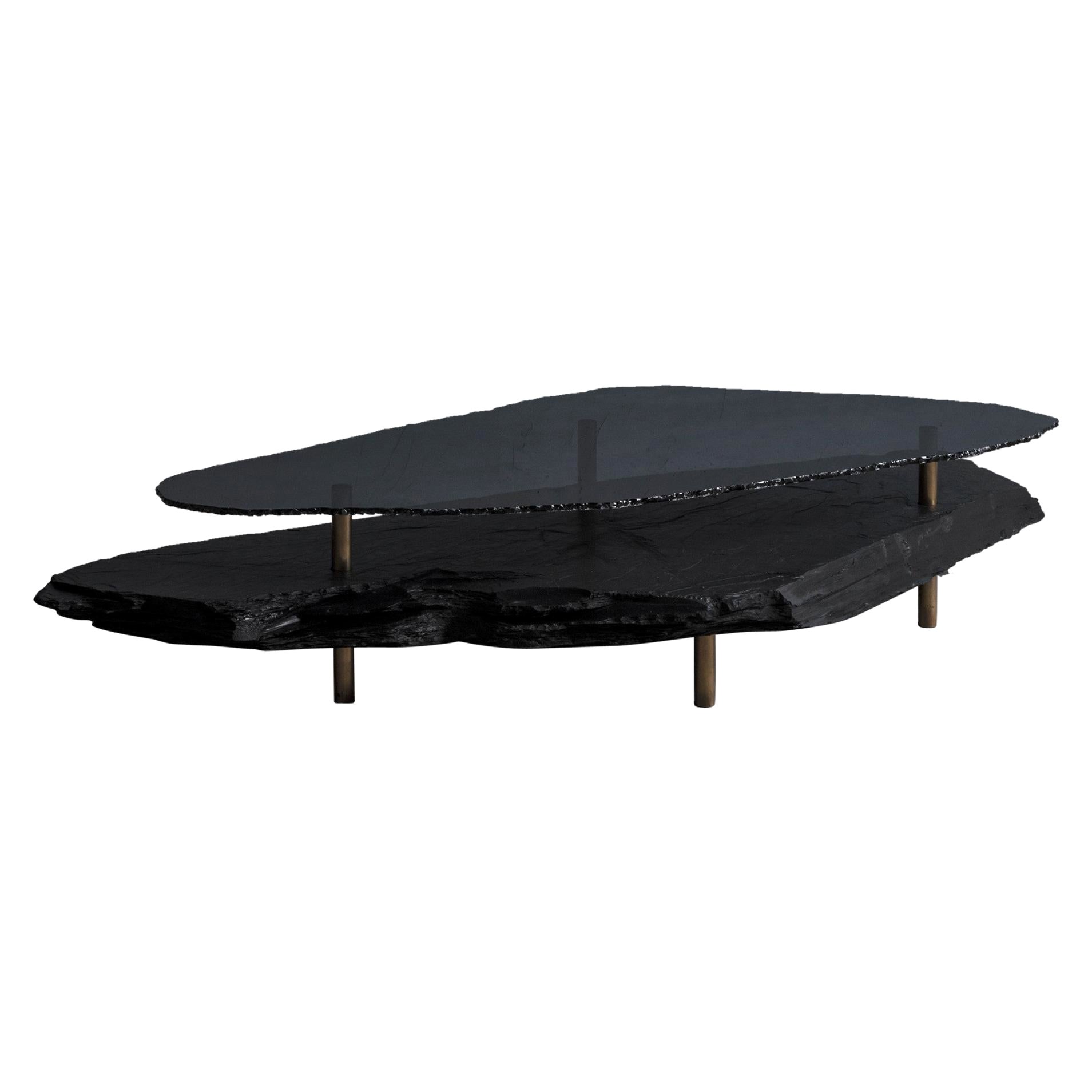 Unique Form Sculpted Black Slate and Mirror Coffee Table by Frederic Saulou