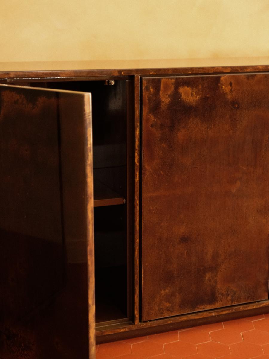Unique Four-door sideboard covered in parchment, by Ottini Milano, Italy 1970s. For Sale 3