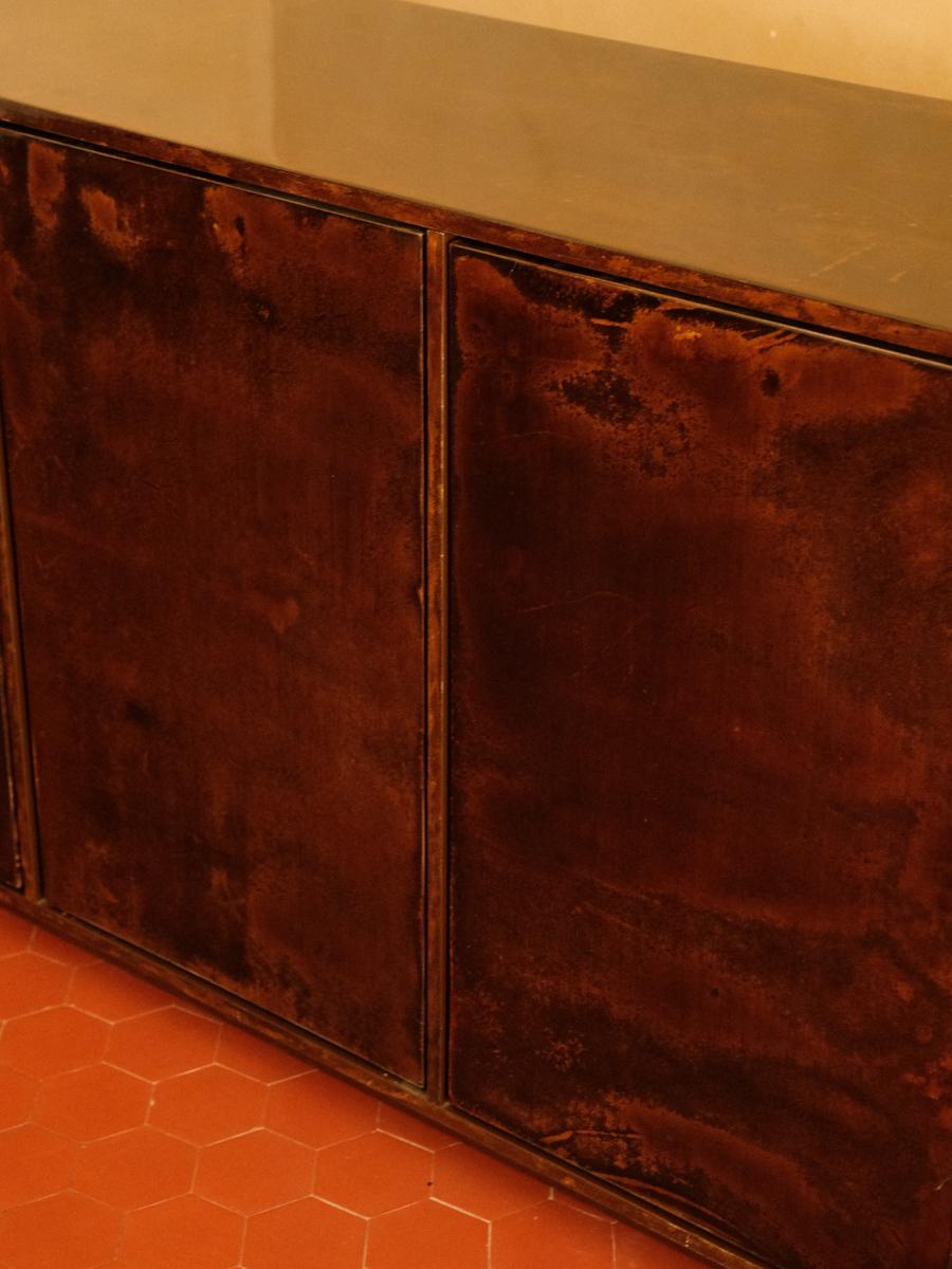 Unique Four-door sideboard covered in parchment, by Ottini Milano, Italy 1970s. For Sale 6
