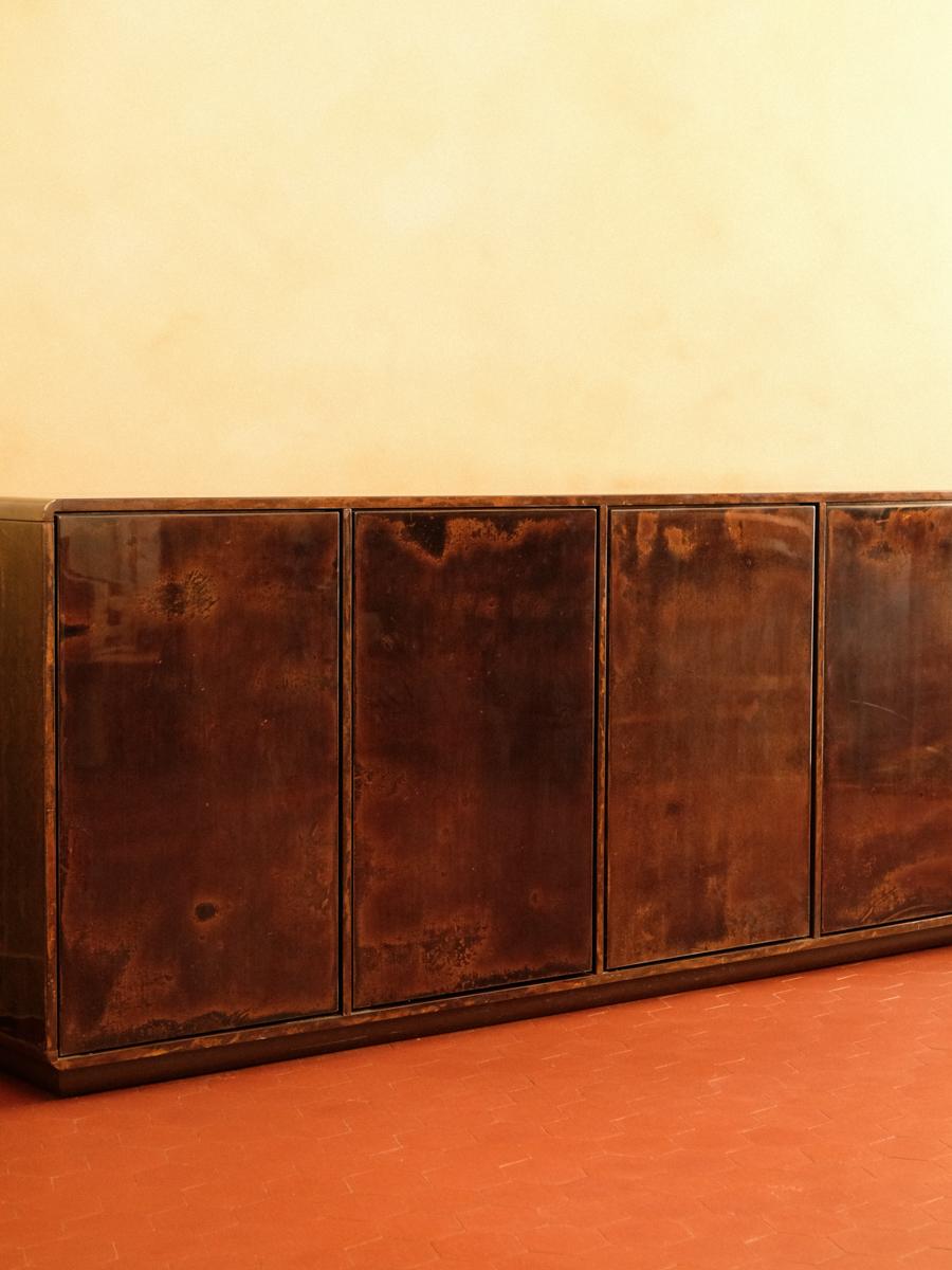 Unique Four-door sideboard covered in parchment, by Ottini Milano, Italy 1970s. For Sale 12