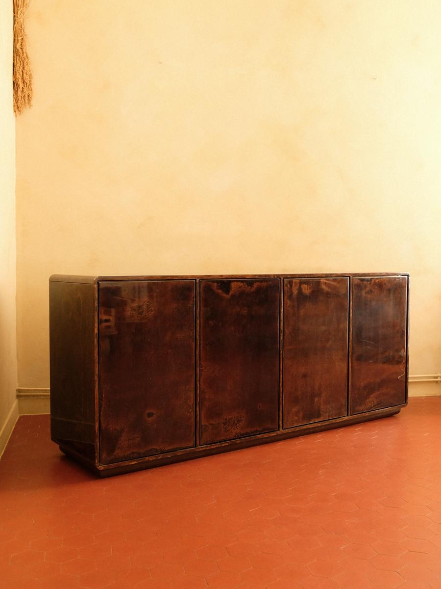 Lacquered Unique Four-door sideboard covered in parchment, by Ottini Milano, Italy 1970s. For Sale