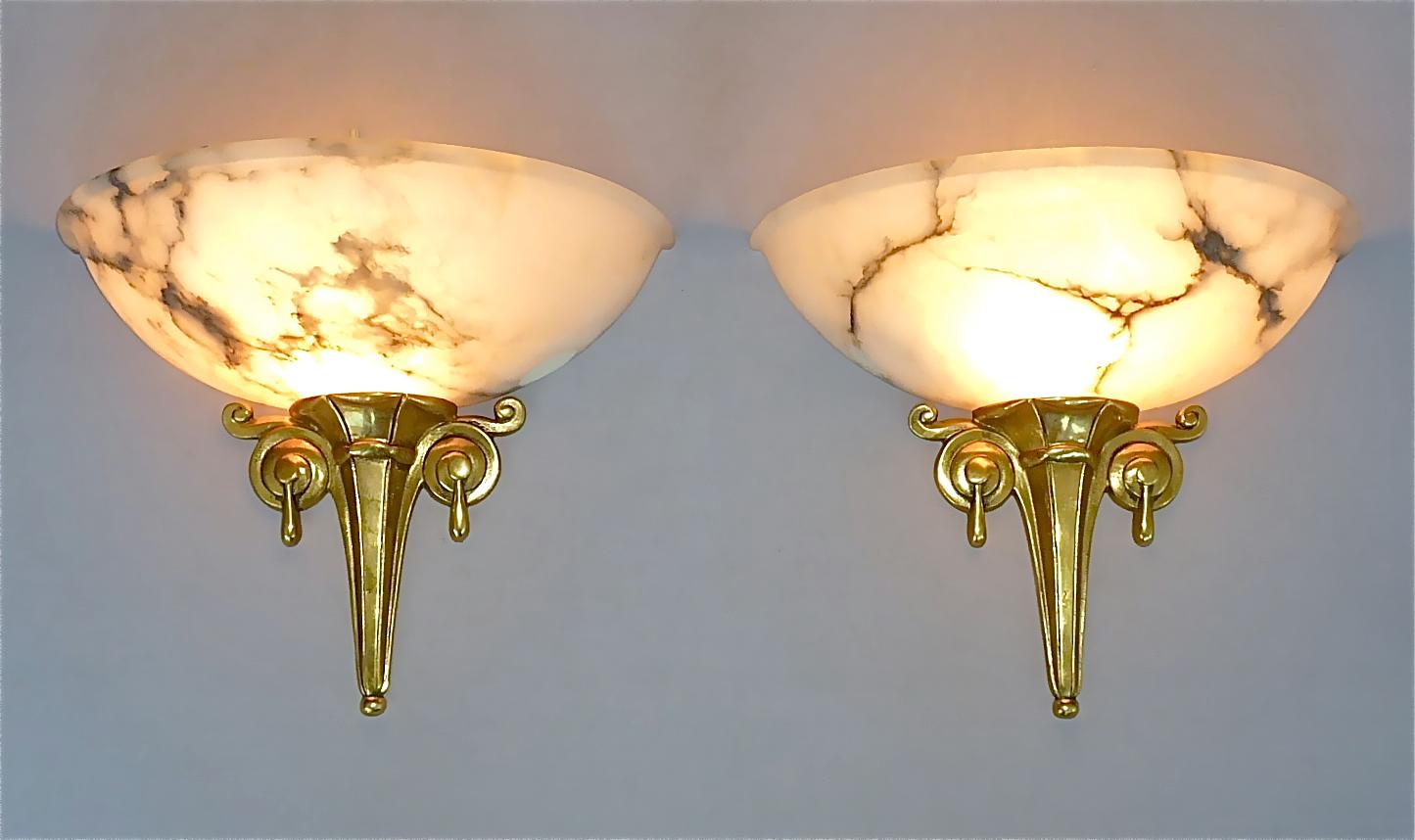 Unique French Art Deco Alabaster Sconces 1920s Gilt Bronze Ruhlmann Cheuret Era For Sale 13