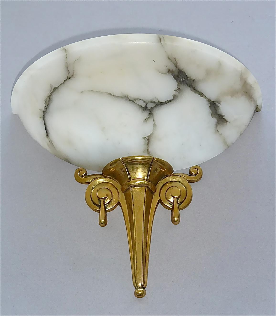 Hand-Carved Unique French Art Deco Alabaster Sconces 1920s Gilt Bronze Ruhlmann Cheuret Era For Sale