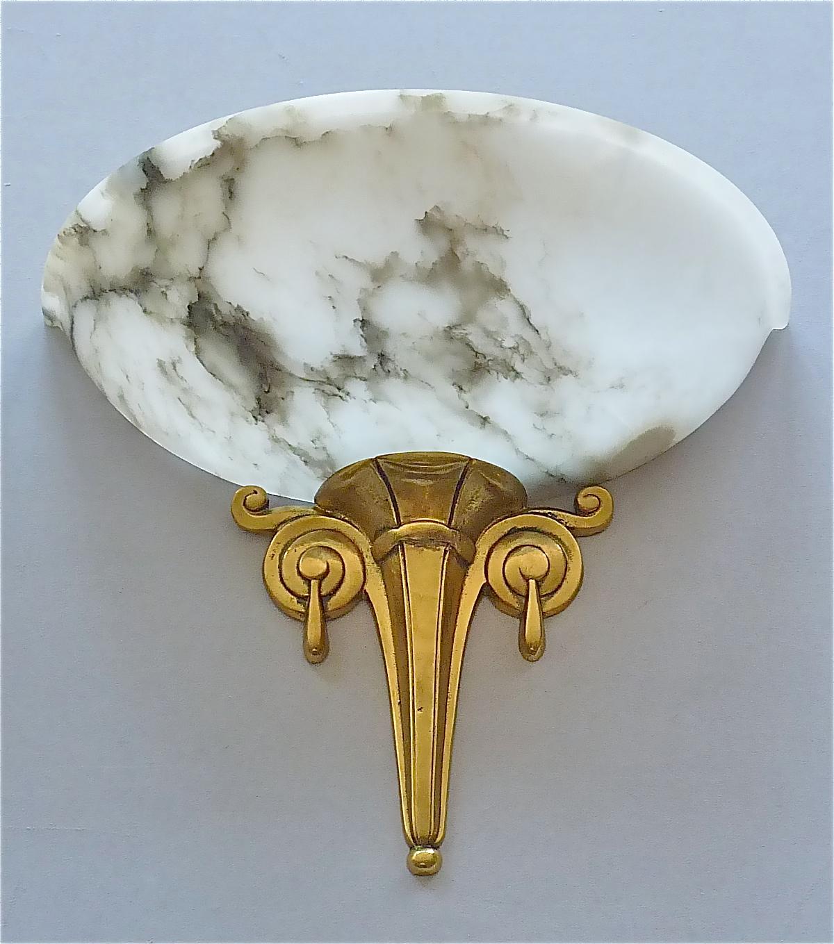 Brass Unique French Art Deco Alabaster Sconces 1920s Gilt Bronze Ruhlmann Cheuret Era For Sale
