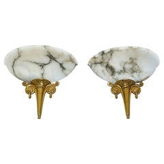 Antique Unique French Art Deco Alabaster Sconces 1920s Gilt Bronze Ruhlmann Cheuret Era