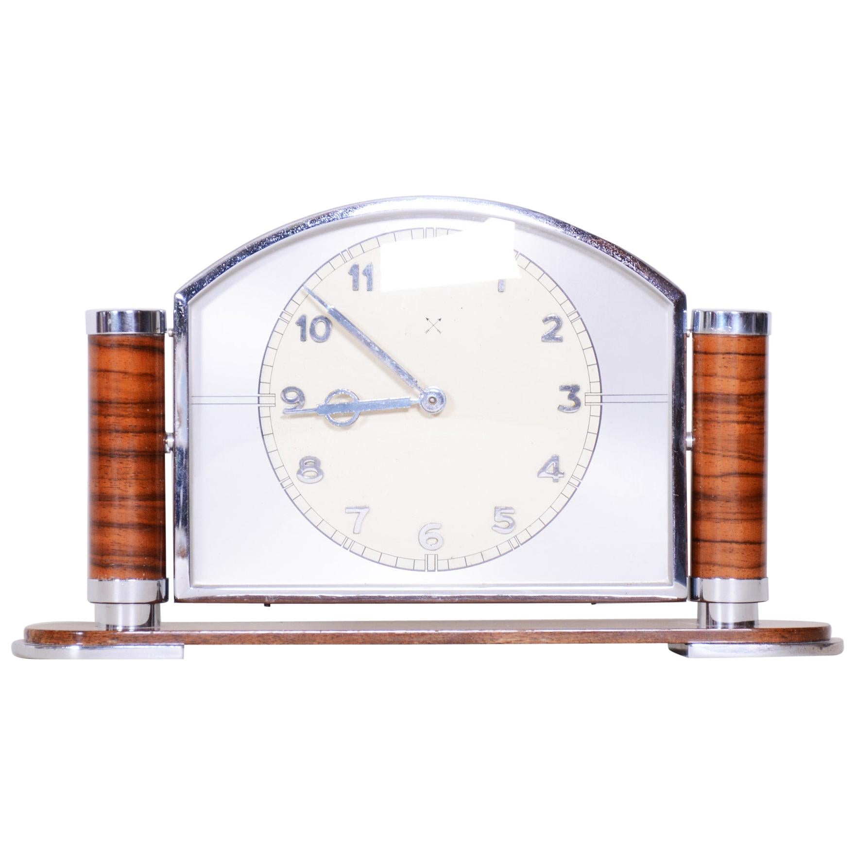 Unique French Art Deco Walnut Table Clock High Gloss, Preserved Condition, 1930s