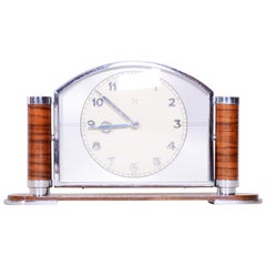 Antique Unique French Art Deco Walnut Table Clock High Gloss, Preserved Condition, 1930s