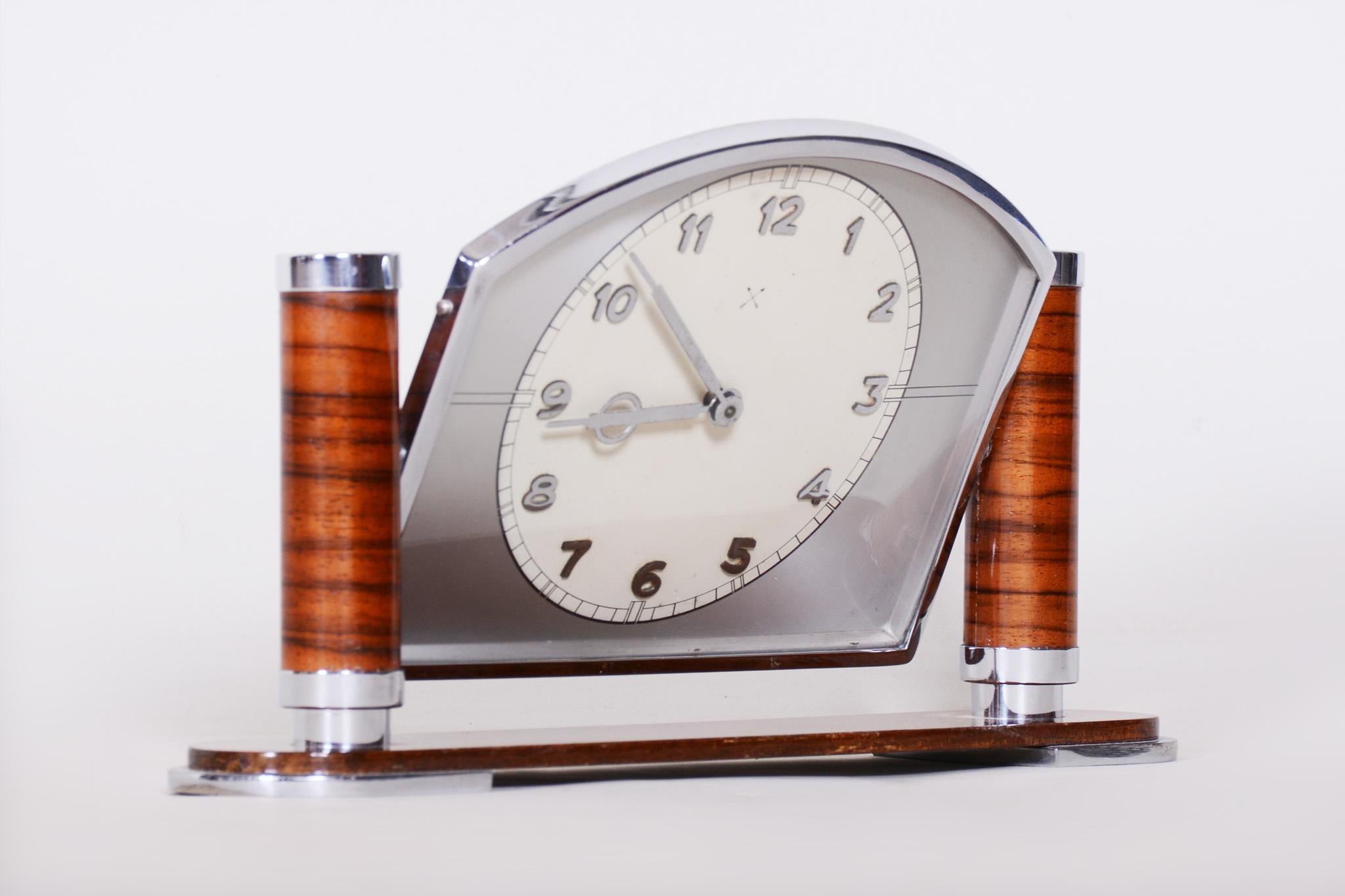 20th Century Unique French Art Deco Walnut Table Clock High Gloss, Preserved Condition, 1930s