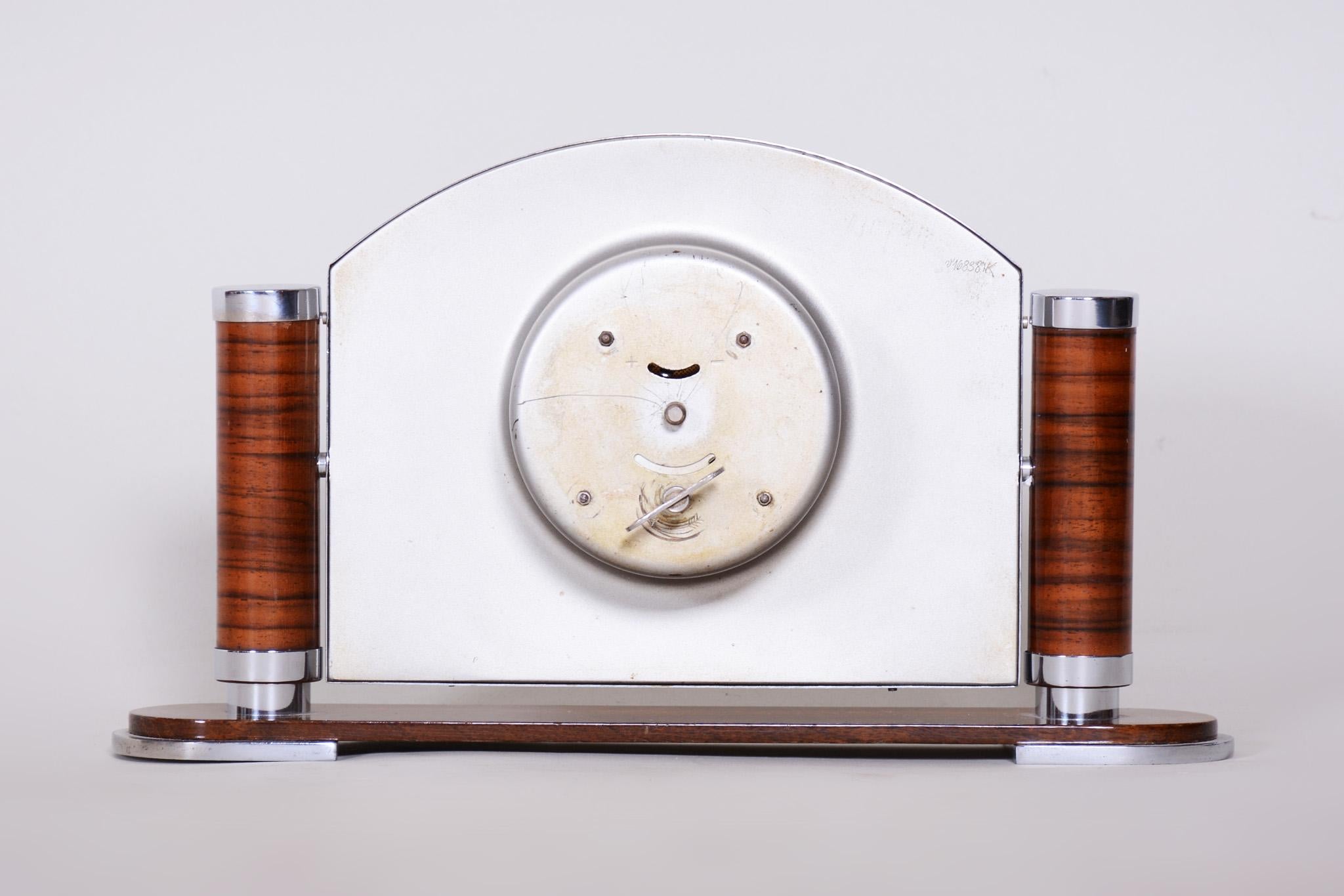 Unique French Art Deco Walnut Table Clock High Gloss, Preserved Condition, 1930s 1