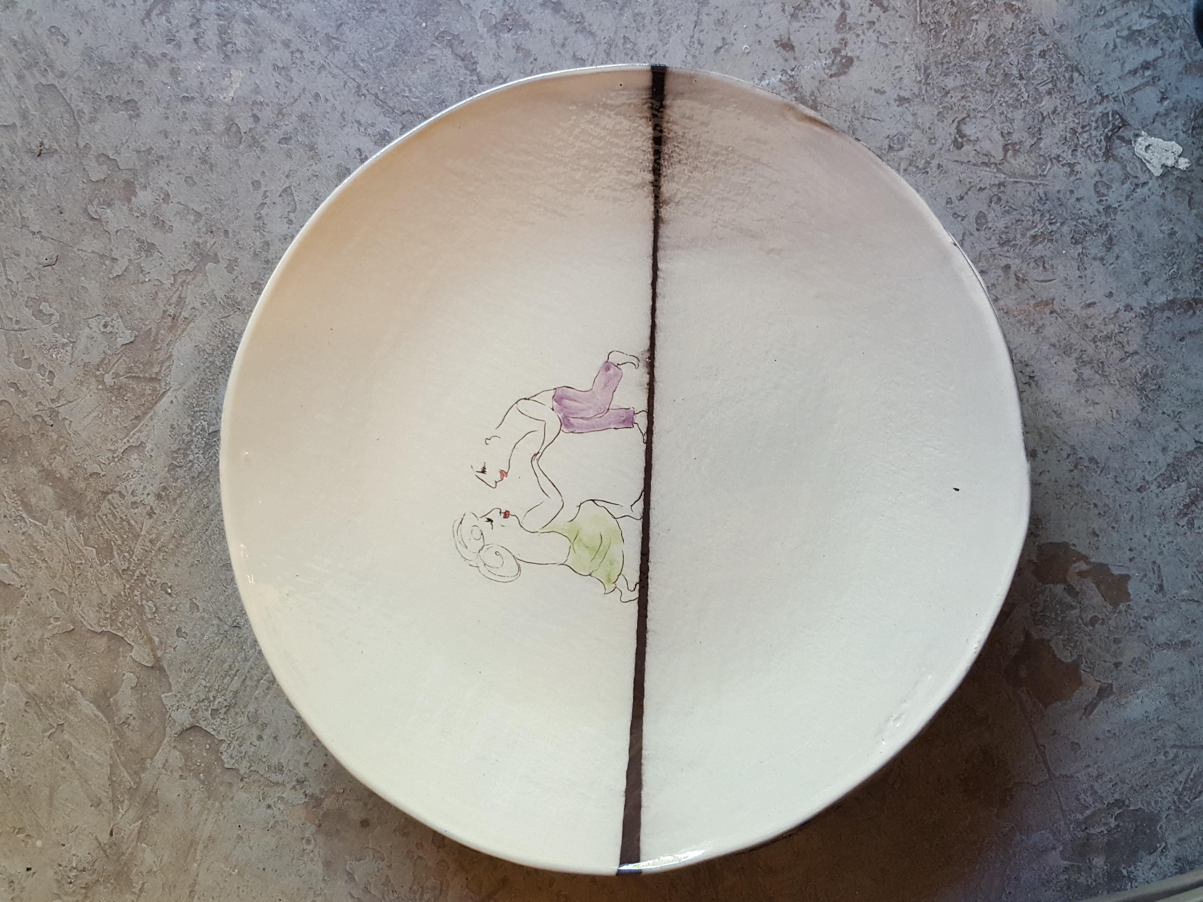 Contemporary Unique French Artist Ceramic Dinner Soup Plates For Sale