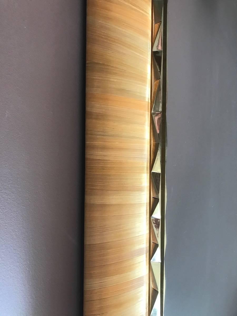 Embossed Unique French Brass and Golden Straw Marquetry Mirror